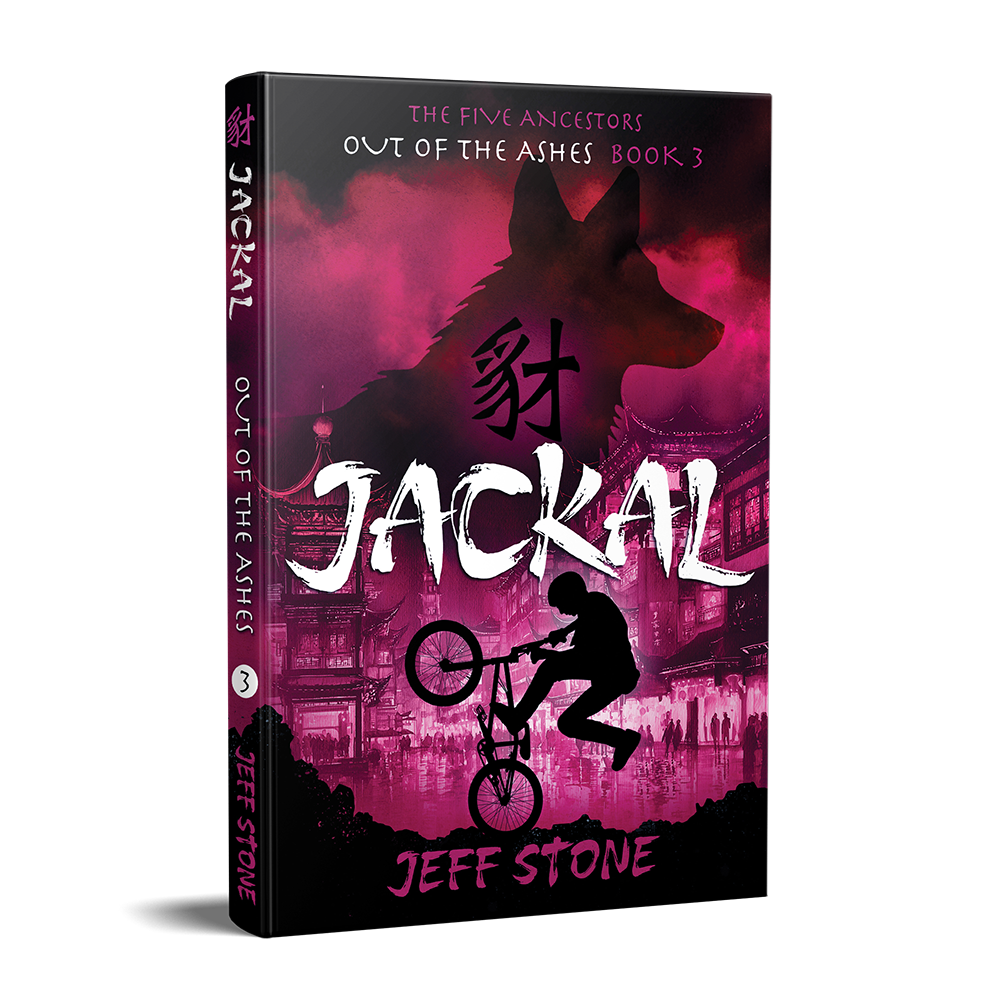 Book cover of JACKAL by Jeff Stone with silhouette of a boy doing a trick on a BMX bike on a street in China and the magenta silhouette of a jackal overhead.