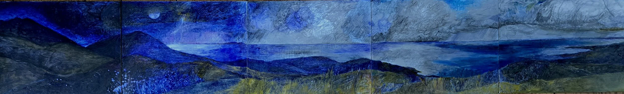 "Tuna Canyon", 11" x 70", mixed media on panels 