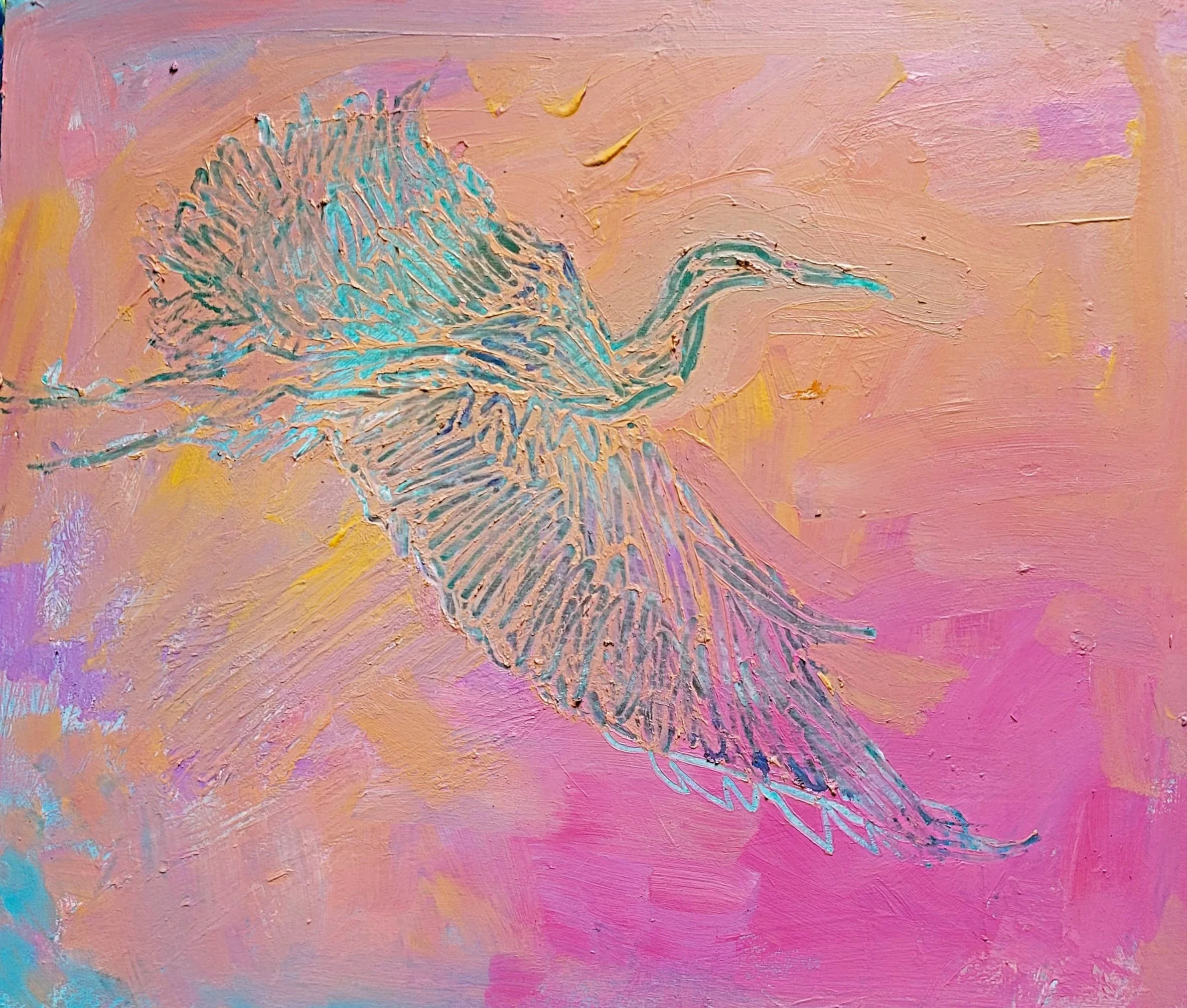 "Blue Heron", 16" x 20", mixed media on wood