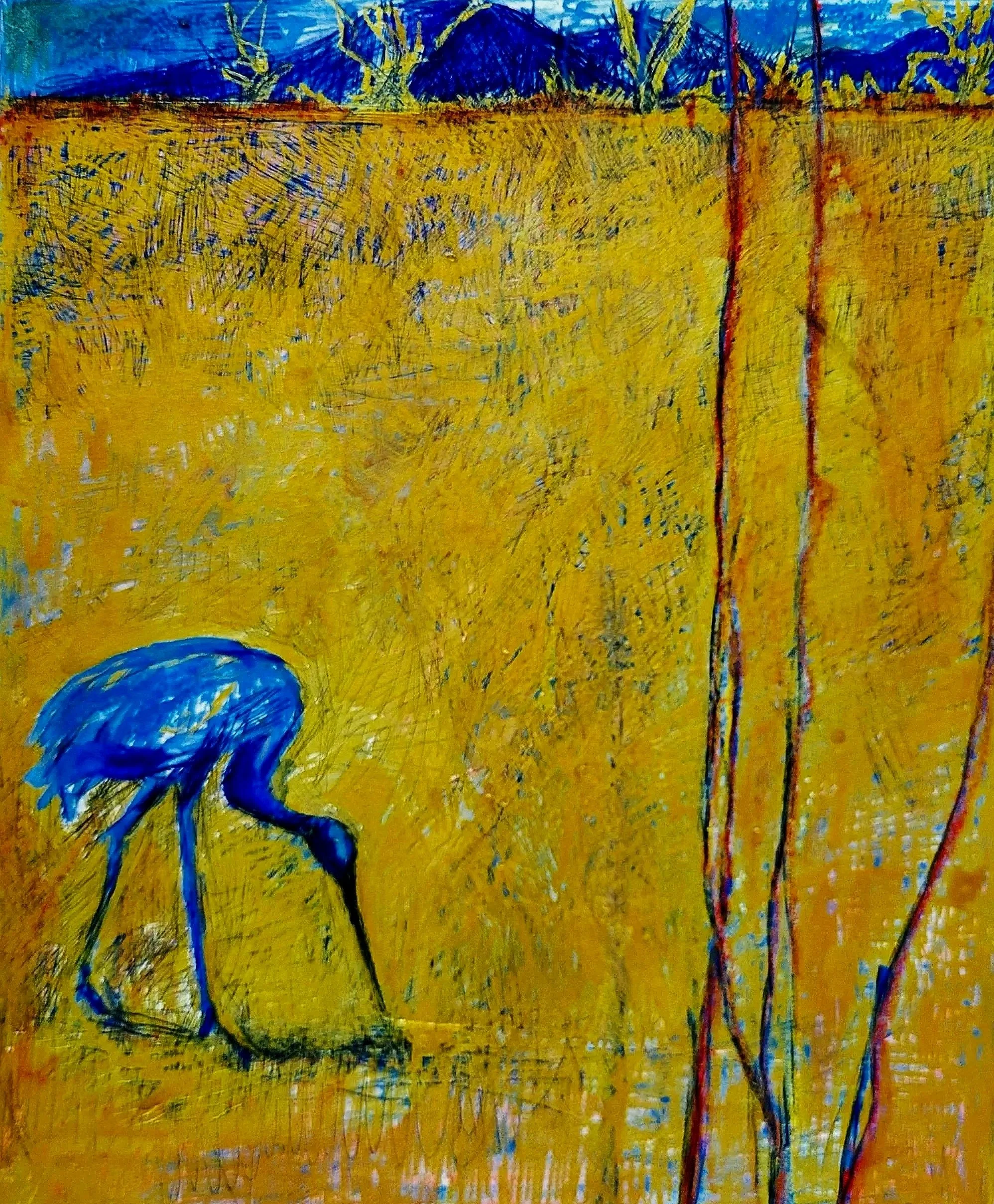 "Feeding SandhillCrane: Bosque Del Apache" 11" x 9" mixed media 
on panel