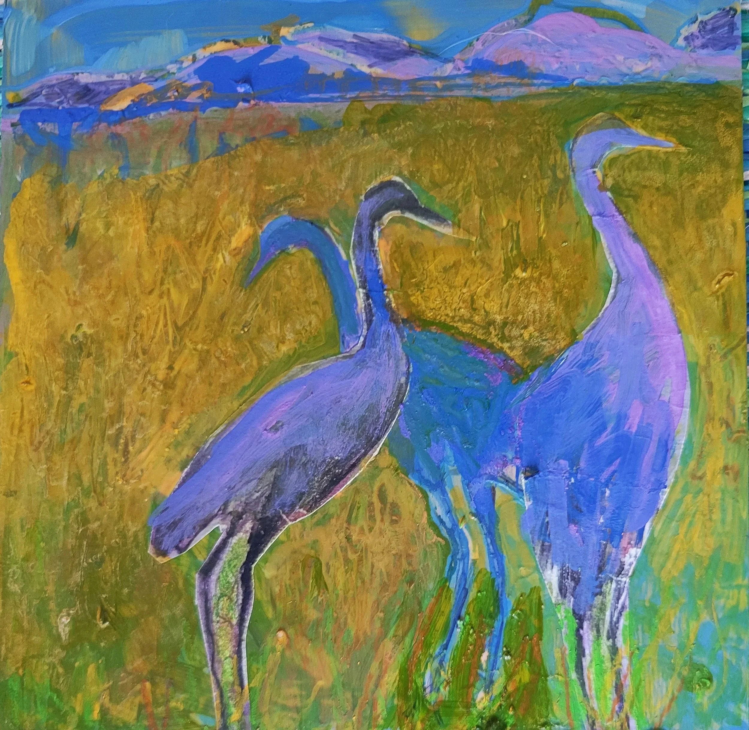 "Sandhill Cranes in Field", 6" x 6", mixed media on scrapwood