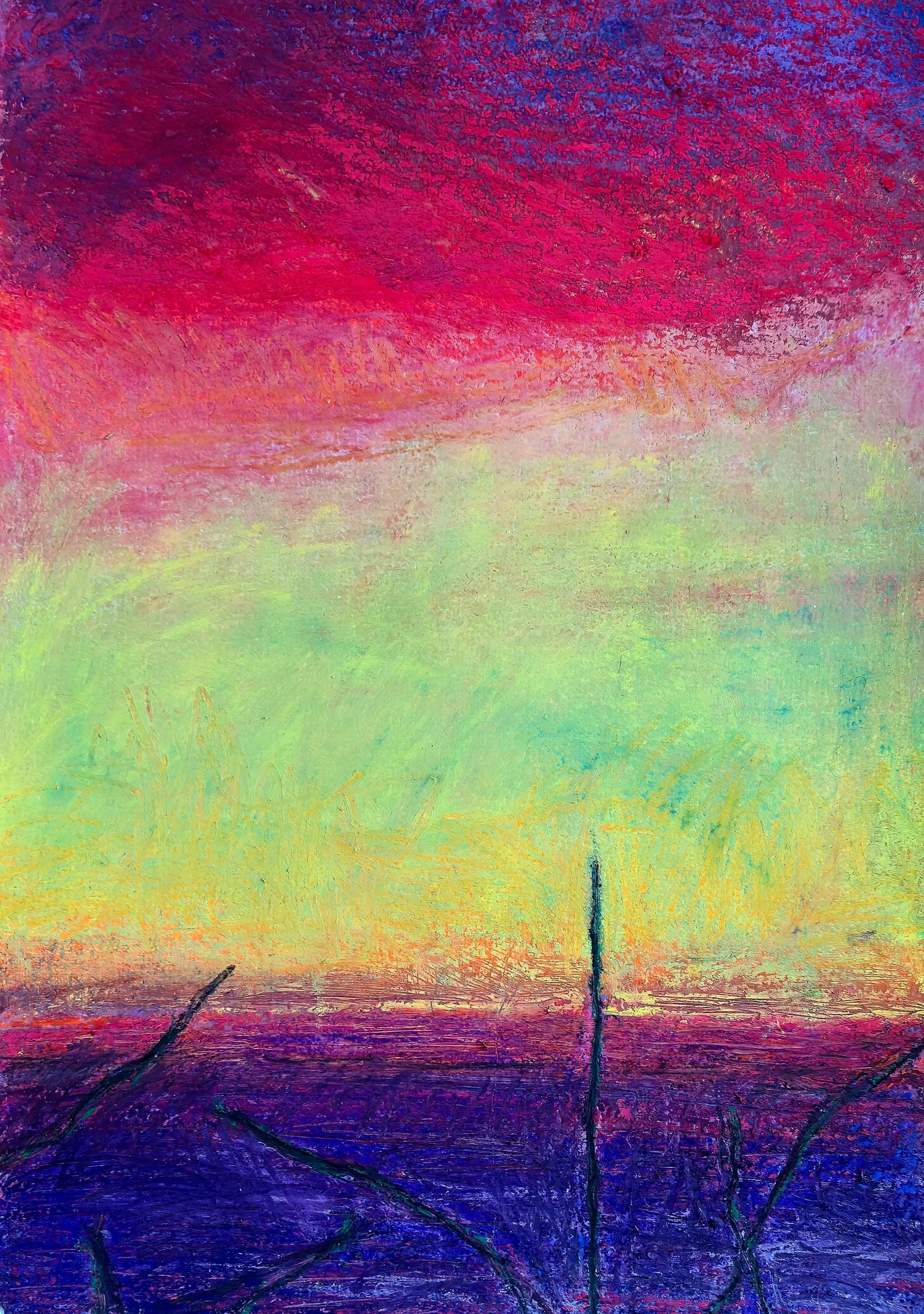 "Green Sky, Charred Branches", 20' x 14", pastel and oil on rag paper. 2026