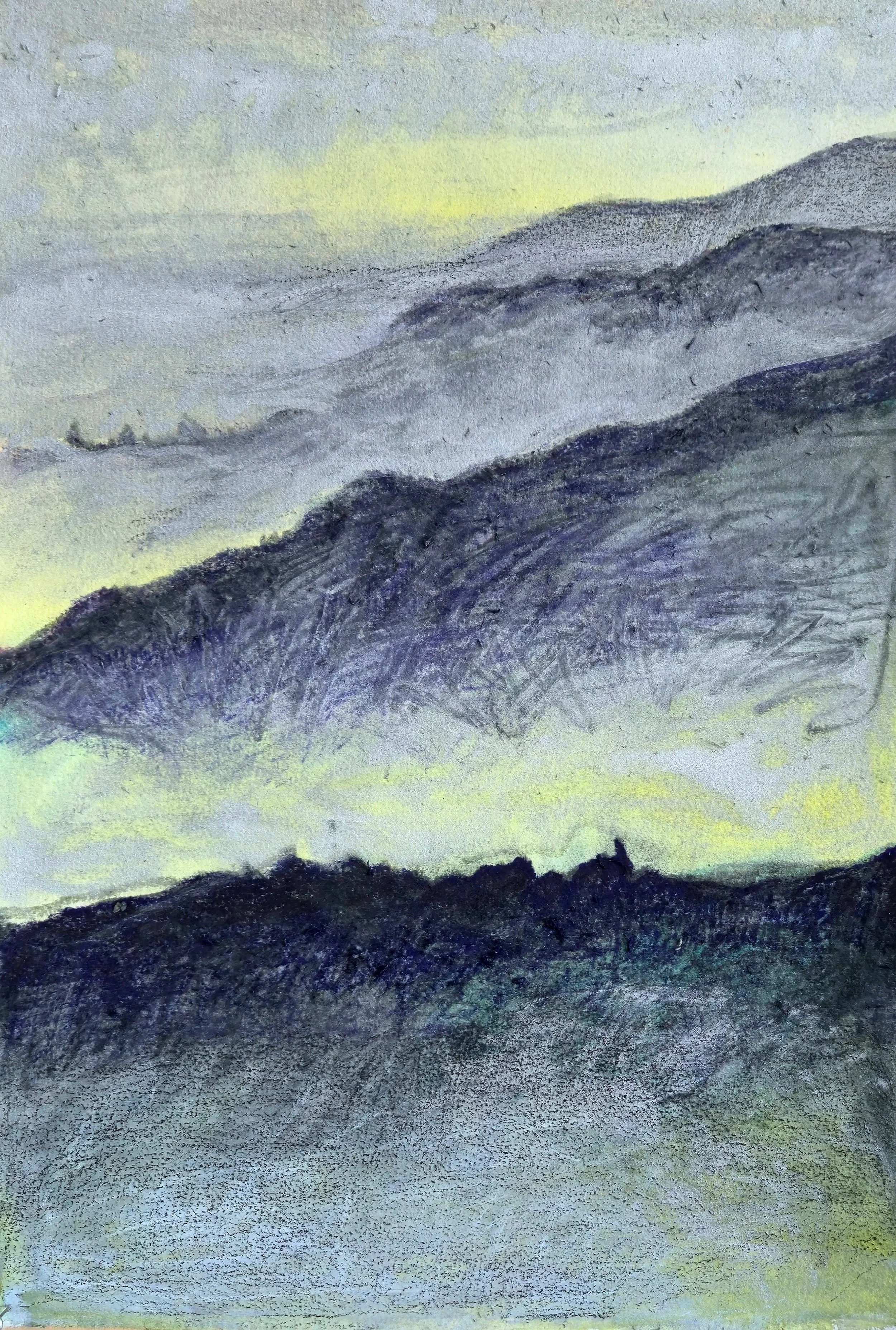 "Fog Rolling In", 20"x 14", watercolor, pastel, graphite on rag paper. 2026.