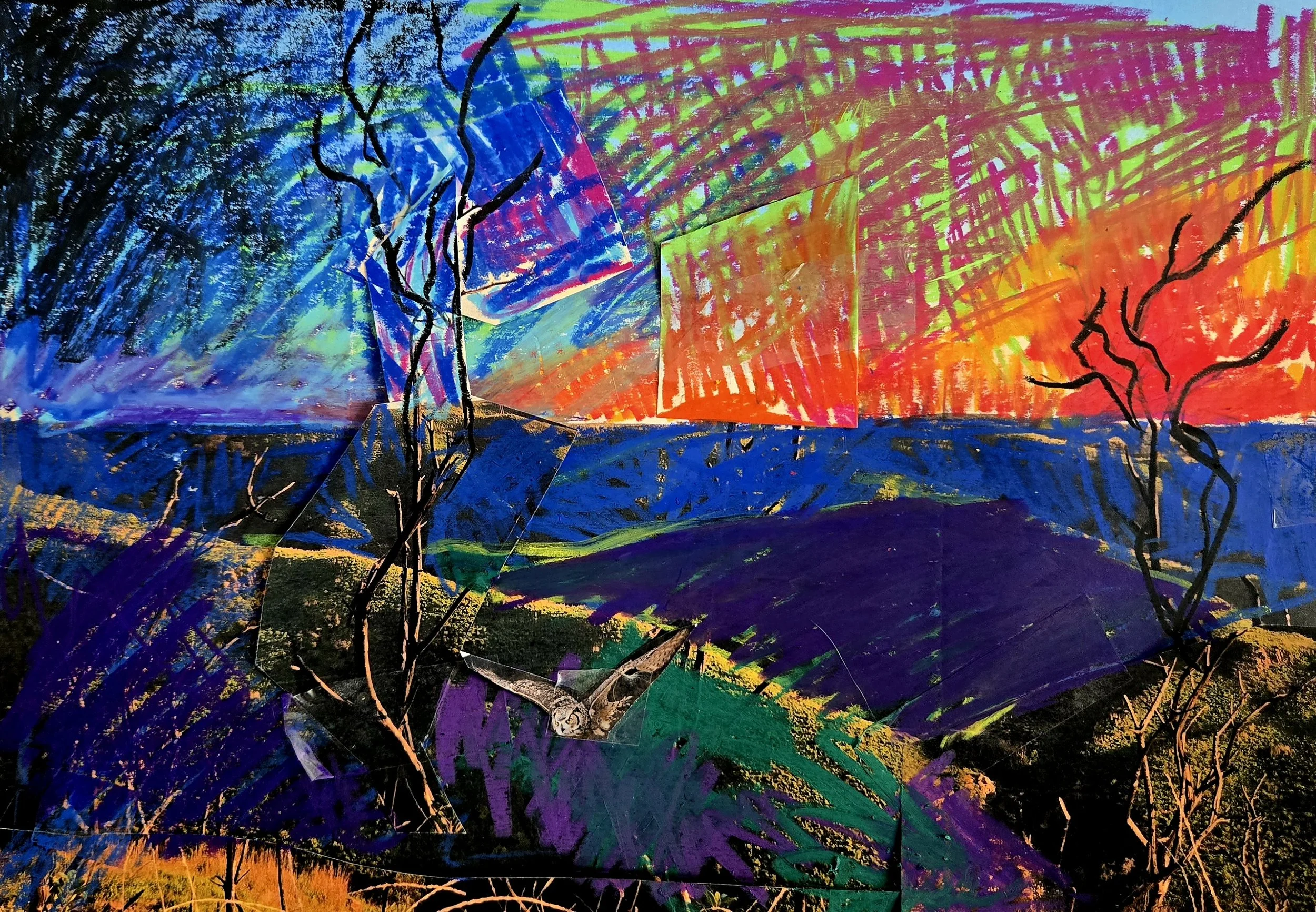 Study for "Burnscar: Manzanita" 8" x 11", crayon, collage, laser print. 2026