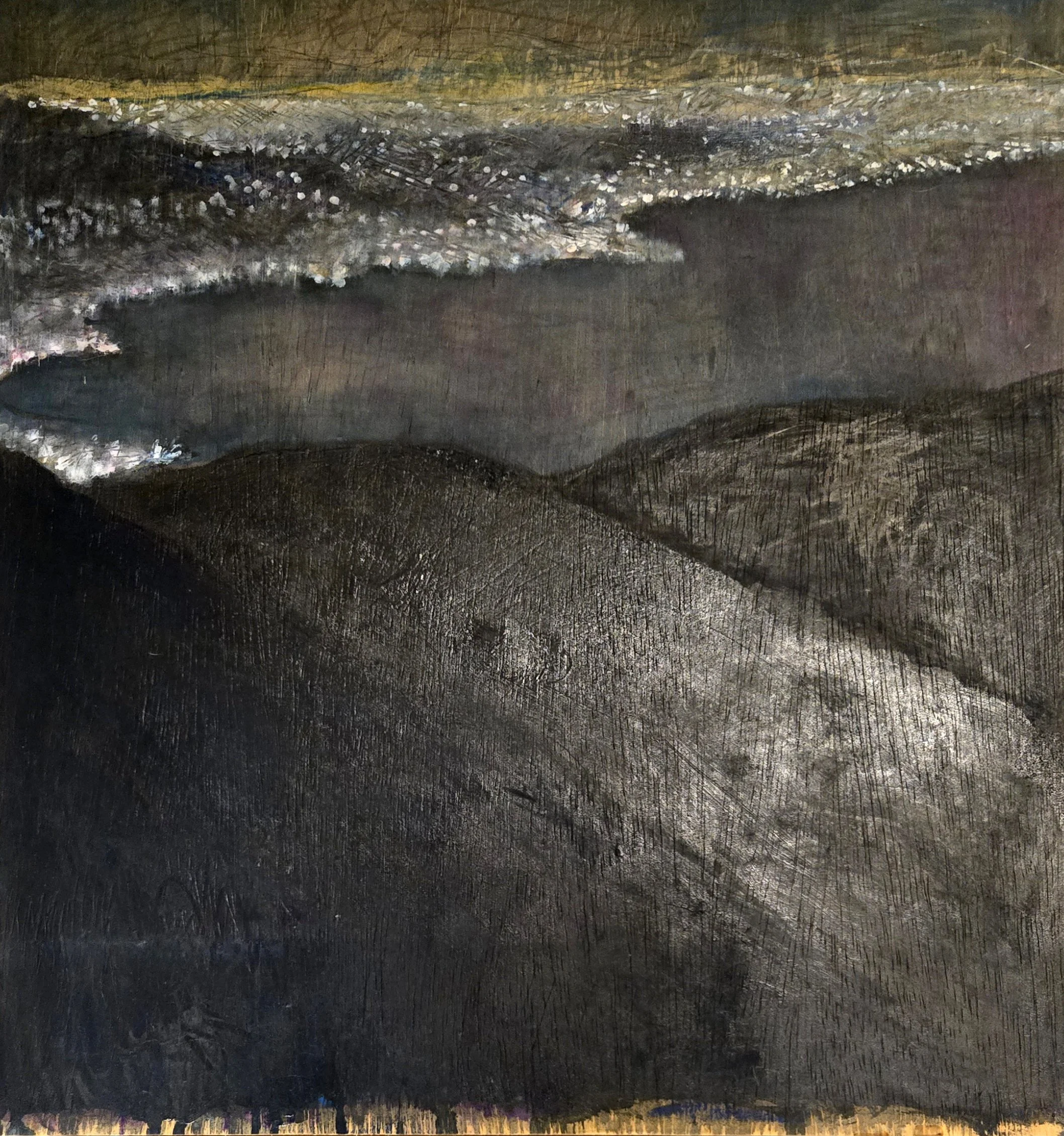 "City Lights" 20" x 16" , mixed media on scrapwood. 