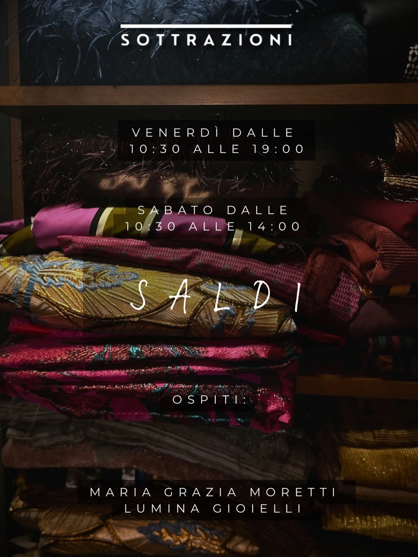 Lungotevere Flaminio 58
Venerd&igrave; e sabato 9&ndash;10 gennaio 2026 vi aspettiamo nello showroom Sottrazioni: non solo per fantastici SALDI, ma soprattutto per inaugurare insieme il nuovo anno 🤍
Ospiti speciali: @maria_grazia_moretti e @luminagi