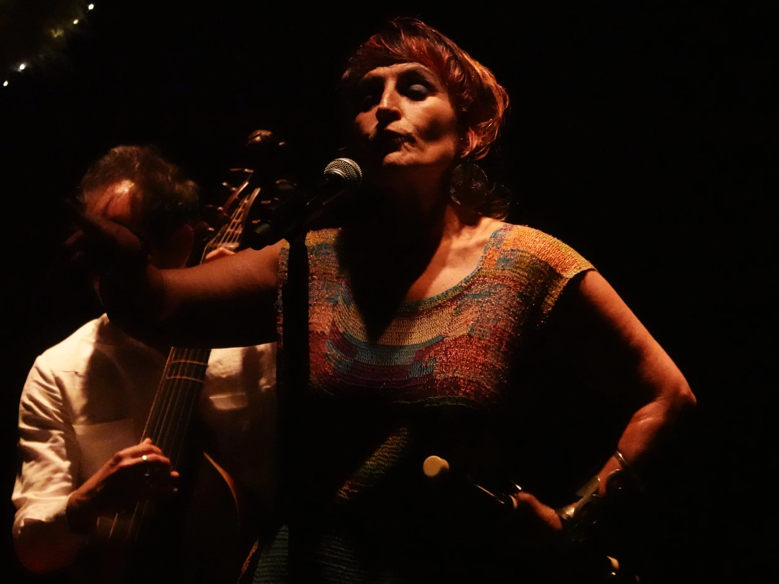 Une femme chante devant un microphone, avec un guitariste en arrière-plan dans l'obscurité.