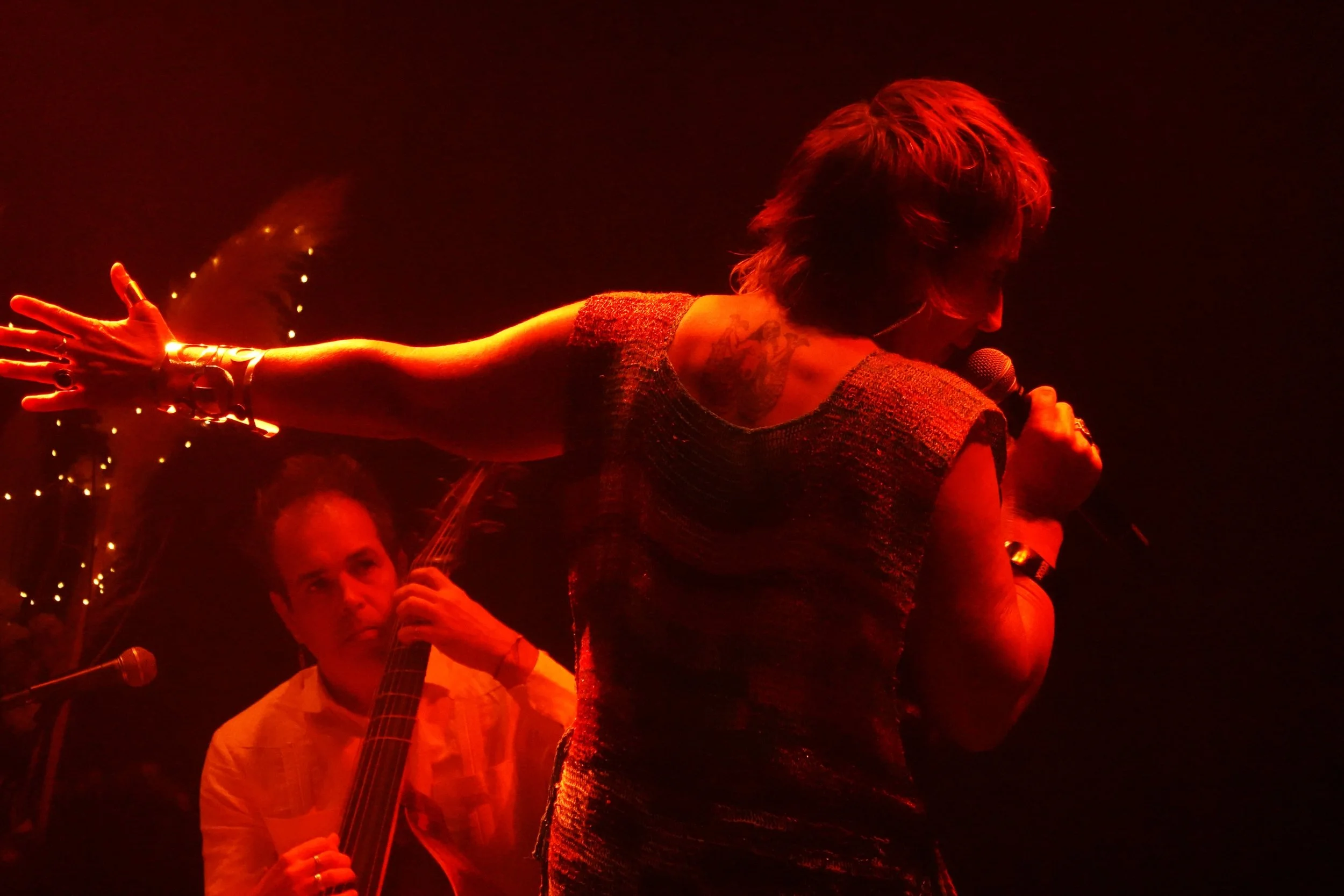 Une femme chante avec un microphone, tournée de profil, sous un éclairage rouge, avec deux musiciens derrière elle, dont un joue de la guitare.