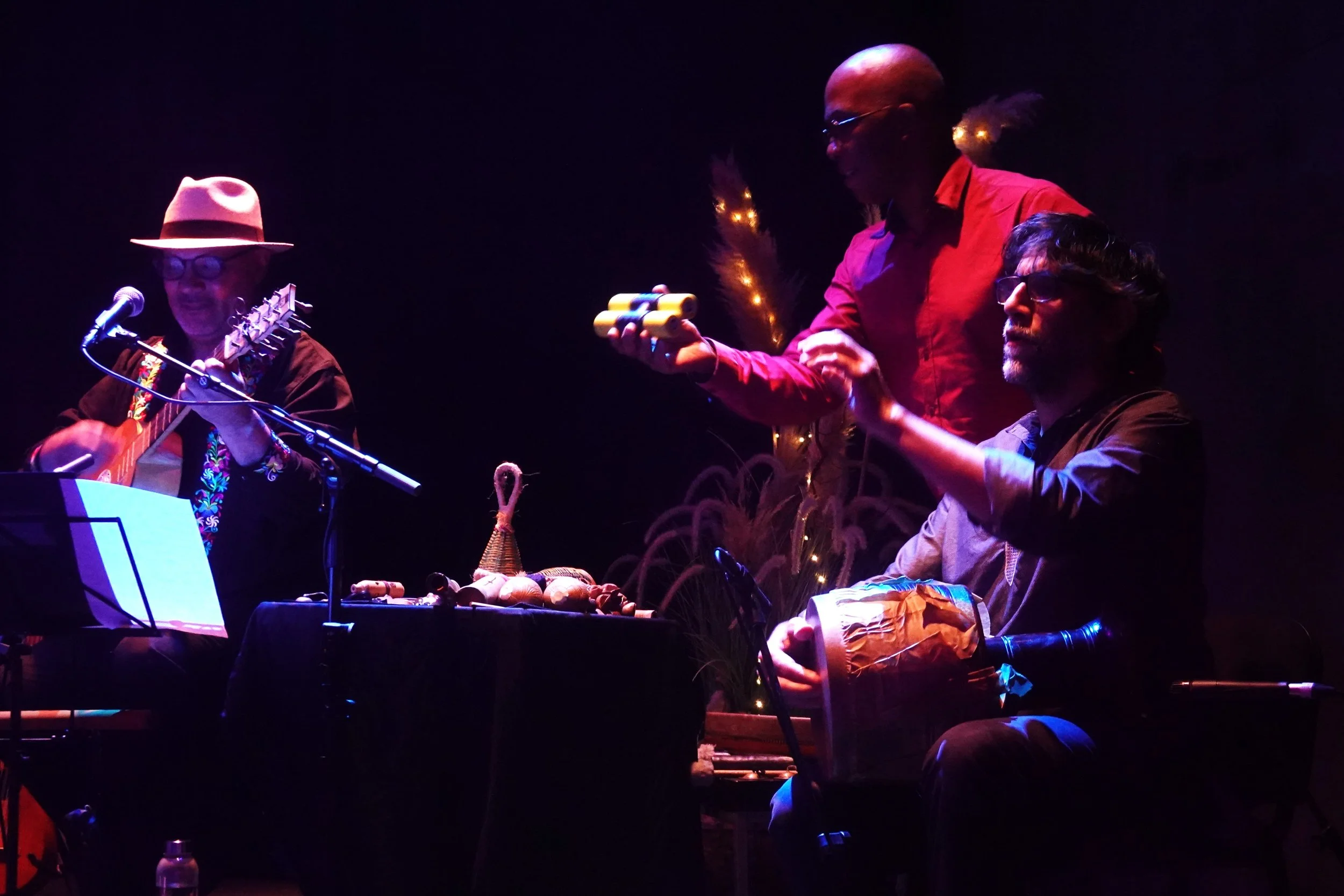 Trois hommes jouent de la musique lors d'une performance, avec un décor sombre et éclairage tamisé, un homme avec un chapeau et une guitare, un autre avec un objet coloré dans la main, et un troisième assis avec un instrument.