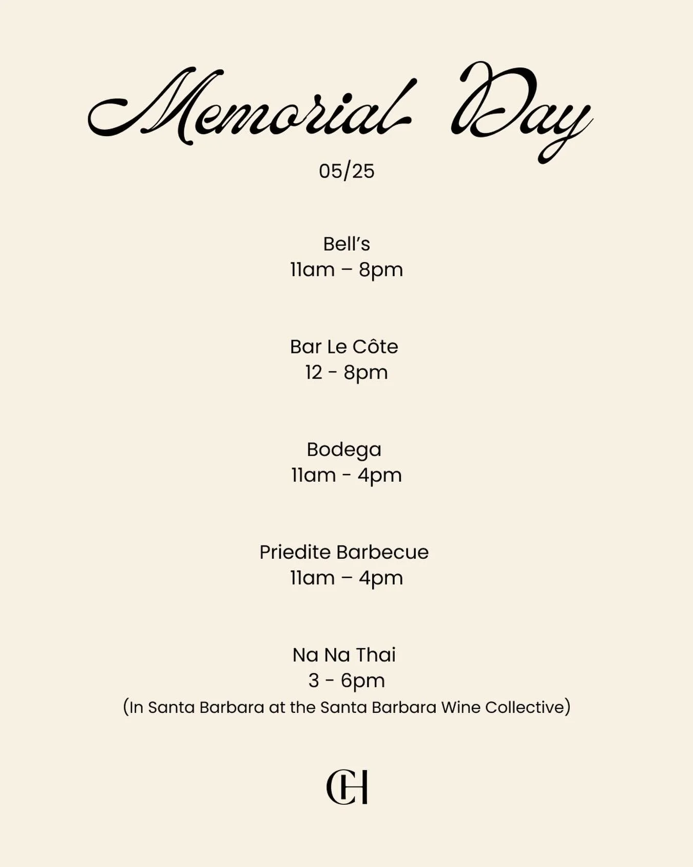 Join us for Memorial Day! @barlecote will be open Monday from 12&ndash;8pm, and @bodegalosalamos and @prieditebarbecue will be going from 11am&ndash;4pm. Priedite will have tri-tip sandwiches starting at 11am until sell out, so come early. @bellslosa