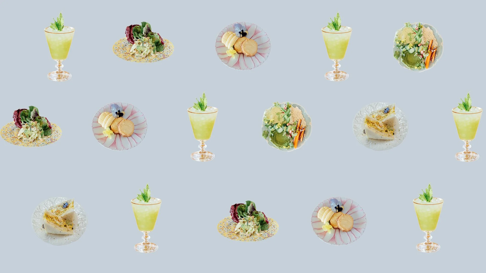 Pattern featuring cutout-style plated dishes and green cocktails scattered across a soft blue-gray background, including salads, desserts, and drinks arranged in a playful repeating layout with airy spacing and pastel tones.
