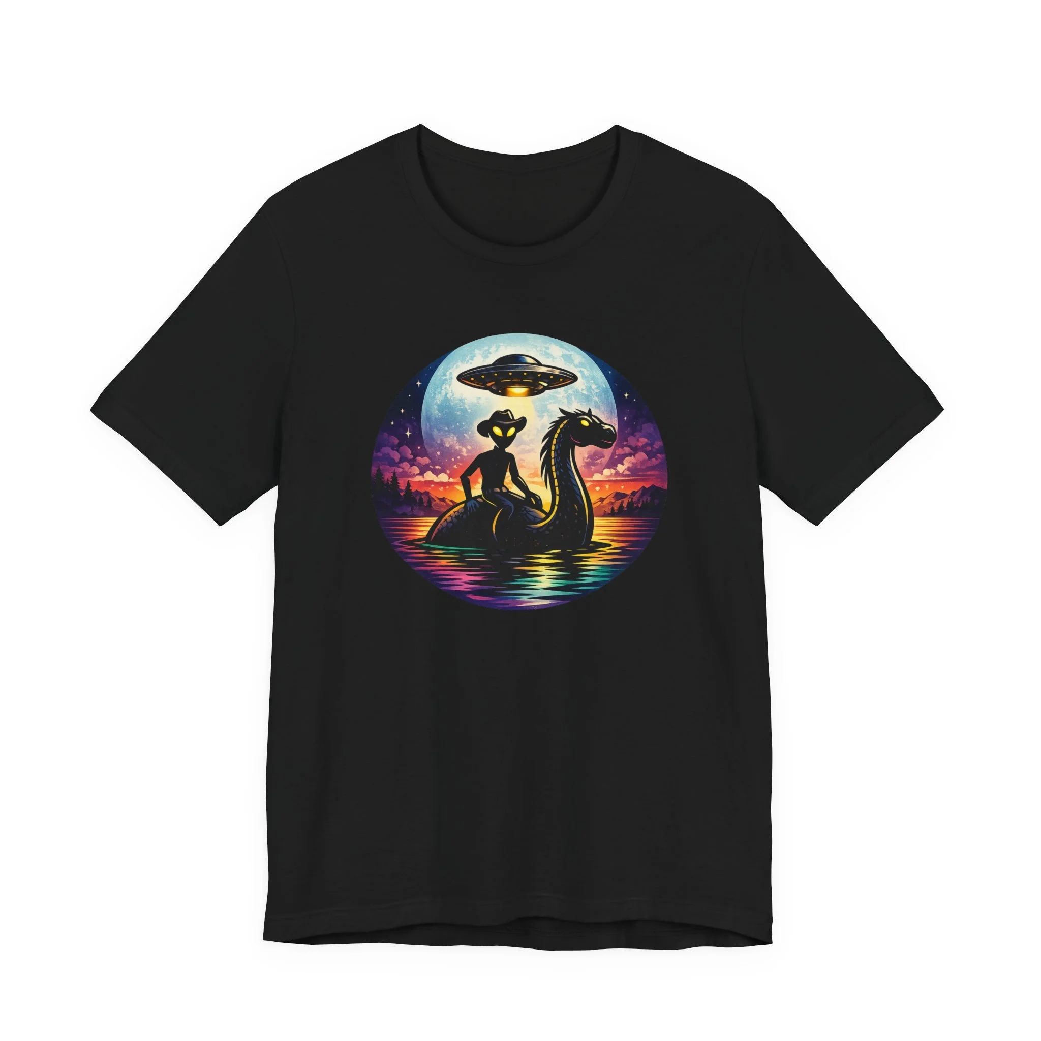 Alien Cowboy Loch Ness Monster T-Shirt featuring an extraterrestrial rider crossing the water on Nessie beneath a hovering UFO and full moon.