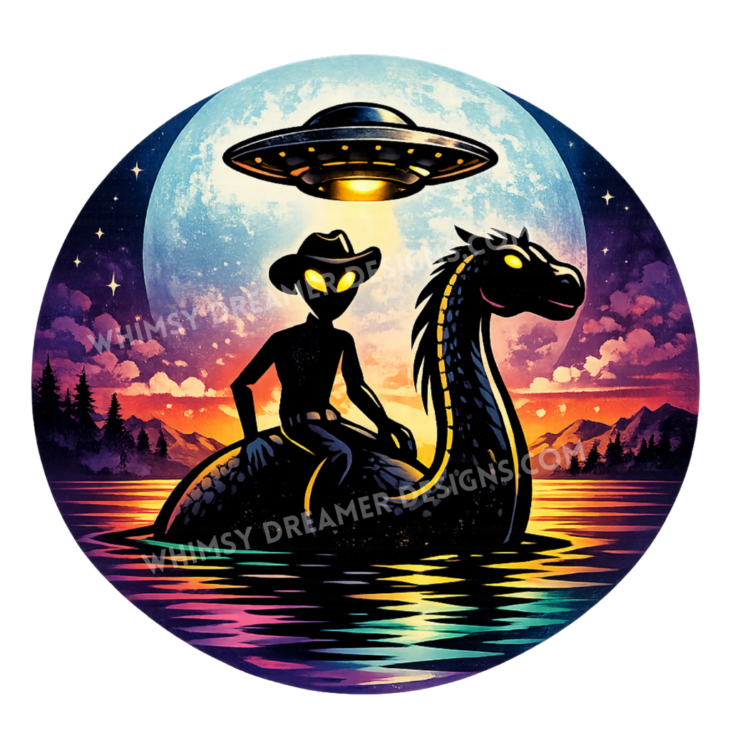 Circular sticker showing a cowboy alien riding Nessie under a UFO and full moon above a colorful lake at sunset
