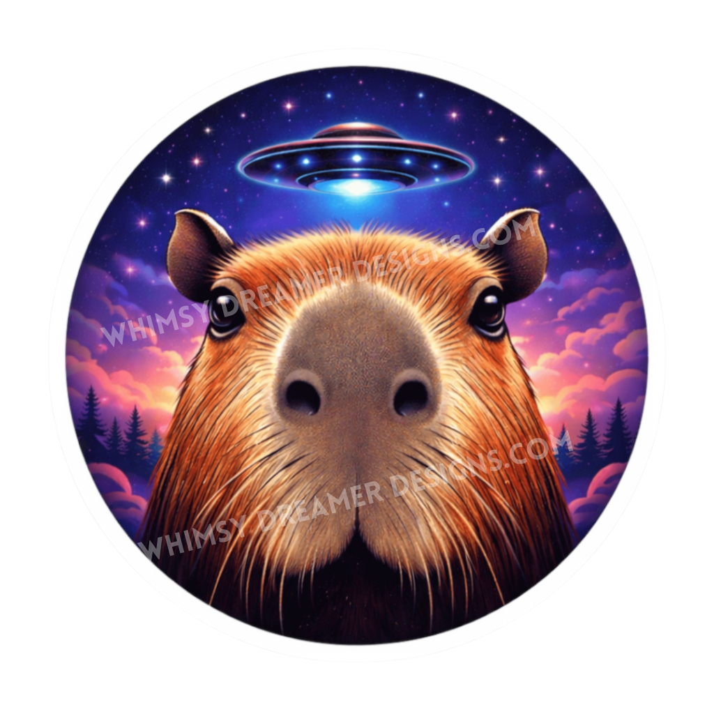 Cute capybara sticker with a UFO overhead in a purple starry sky round design