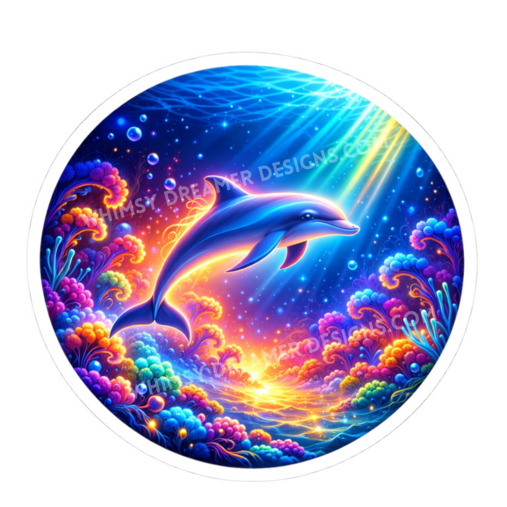 Round colorful dolphin sticker with an underwater ocean scene, coral reef details, bubbles, and sunbeams