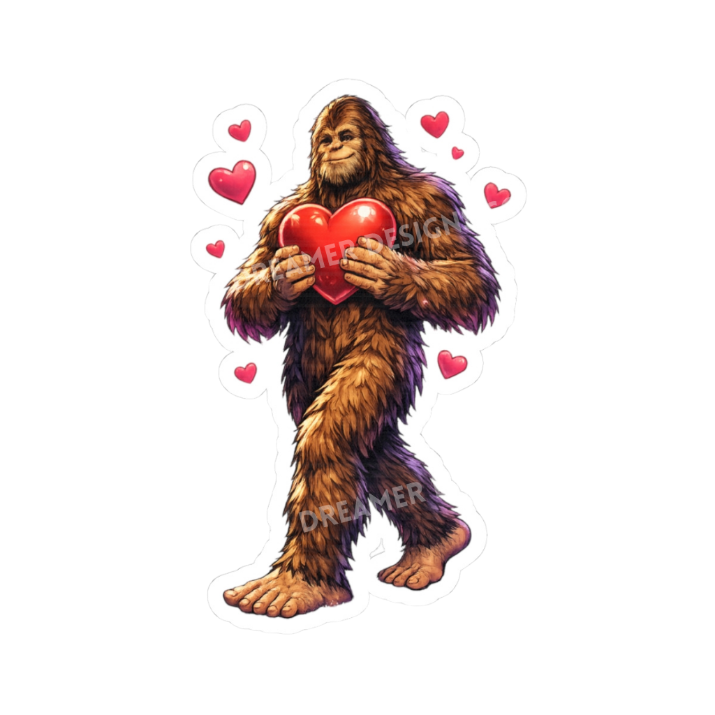 Bigfoot sticker showing a sasquatch holding a red heart with small hearts around it