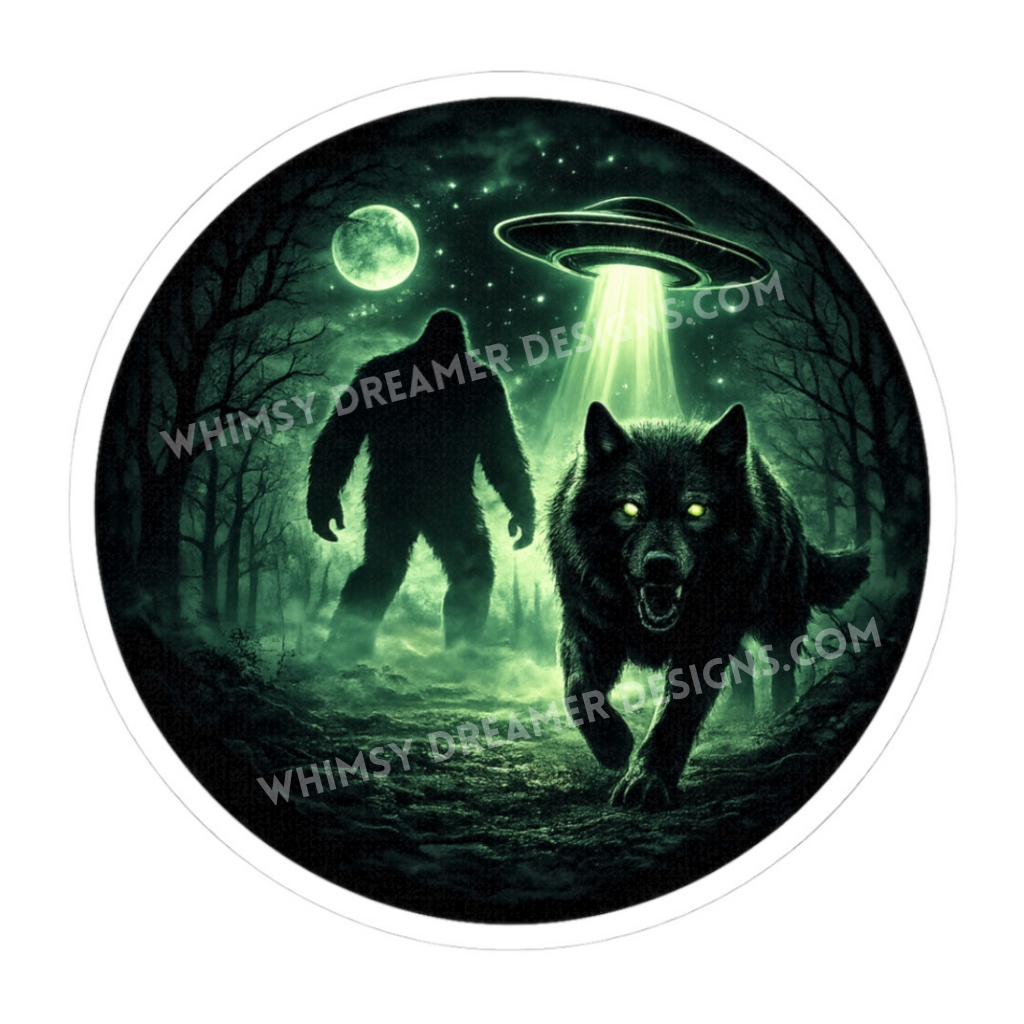 Round Bigfoot wolf UFO sticker with a glowing-eyed wolf, Sasquatch silhouette, and green alien beam in a dark forest