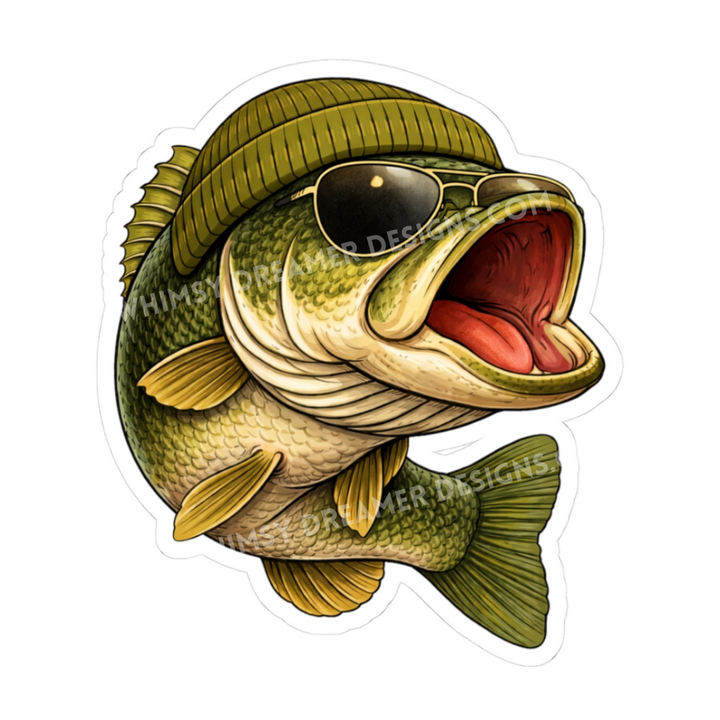 Funny bass fish sticker with aviator sunglasses, olive beanie, and open mouth expression