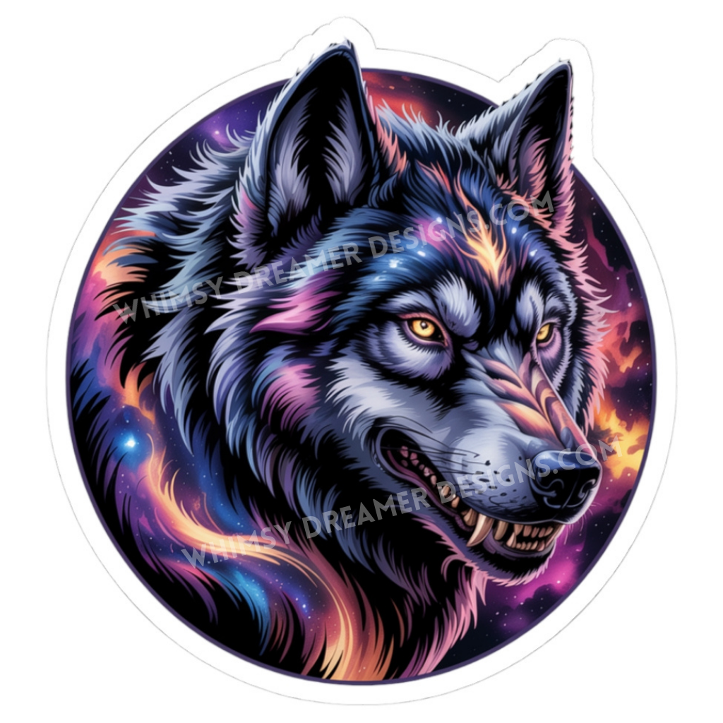 Cosmic wolf sticker with a close-up wolf head in galaxy colors and golden eyes
