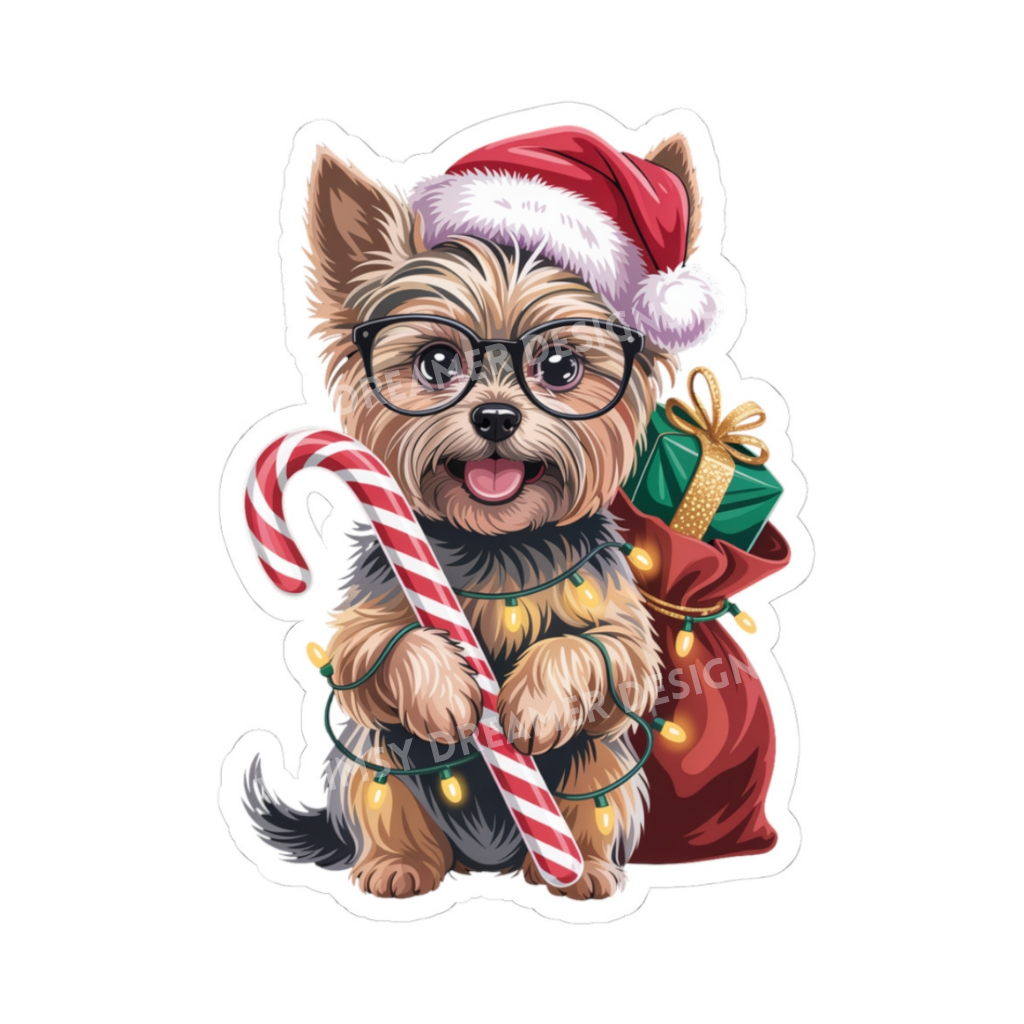 Yorkie Christmas sticker with glasses, Santa hat, candy cane, holiday lights, and a gift sack