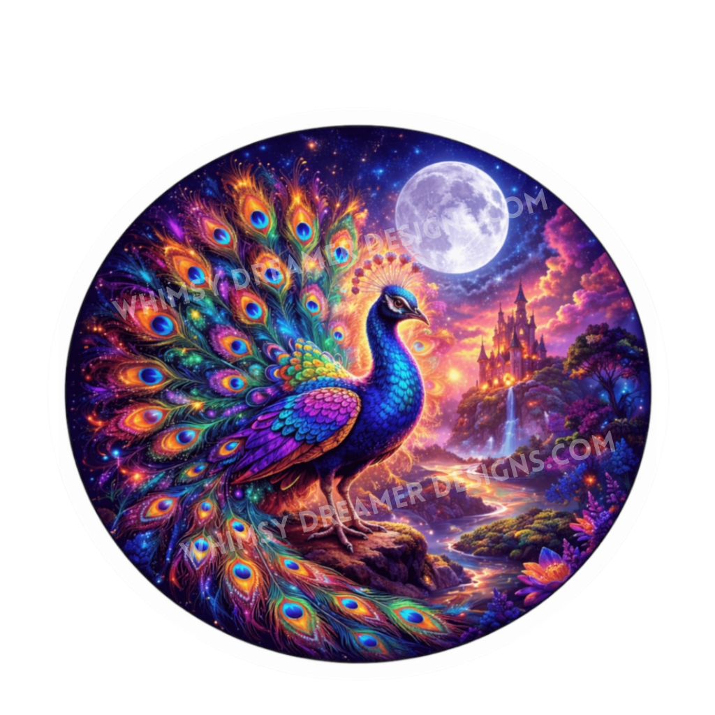 Peacock moon sticker with colorful feathers, a full moon, winding river, and fairytale castle