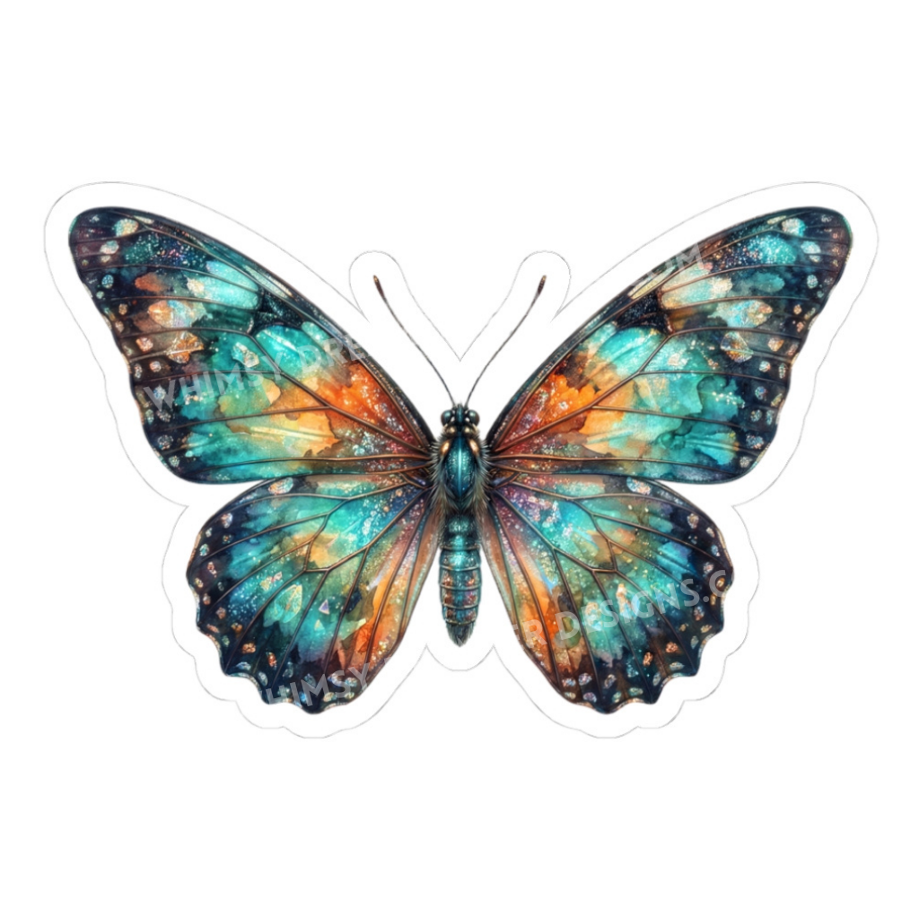 Blue watercolor butterfly sticker with teal and orange wings in a symmetrical painted design