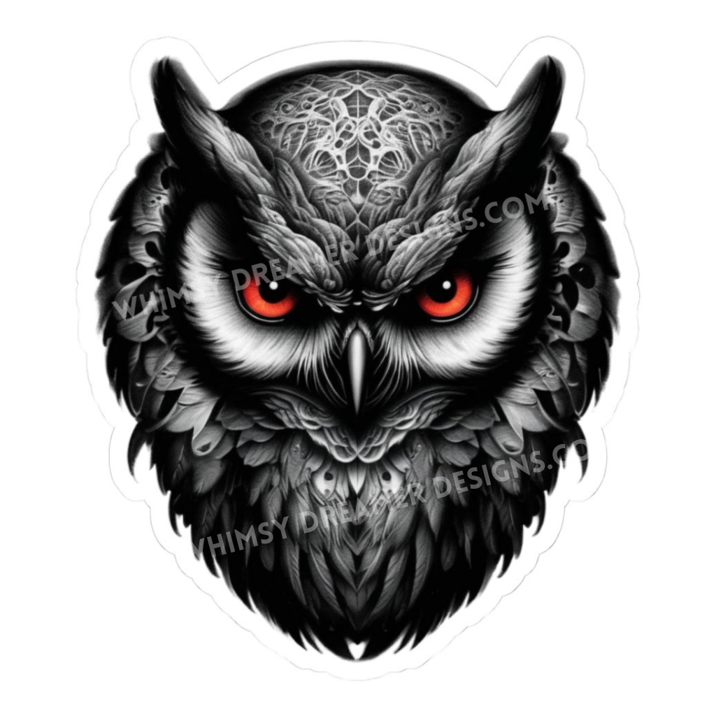 Gothic owl sticker with black and white feather detail and piercing red eyes in a symmetrical owl head design