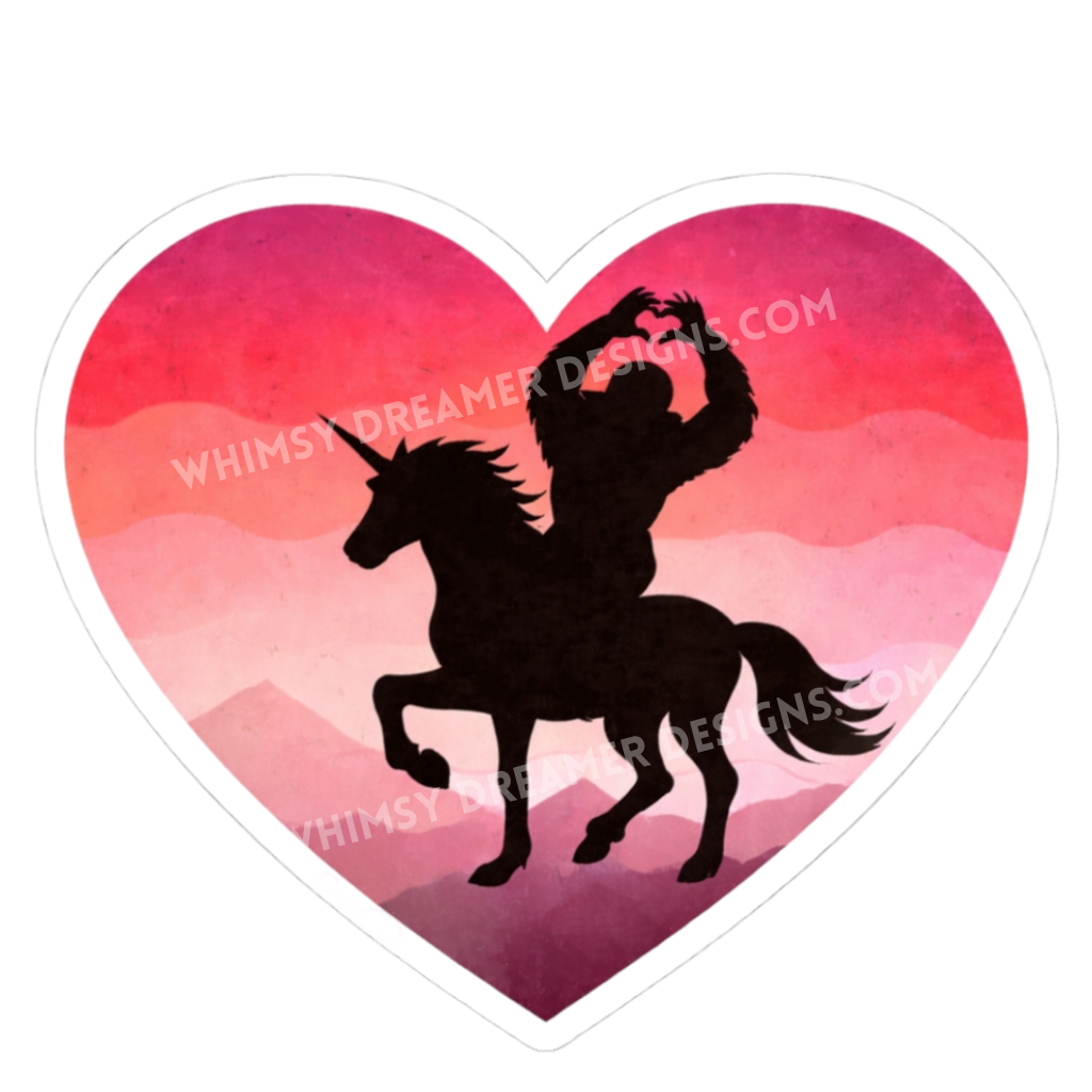 Heart-shaped Bigfoot unicorn sticker with a pink sunset background and silhouette making a heart shape