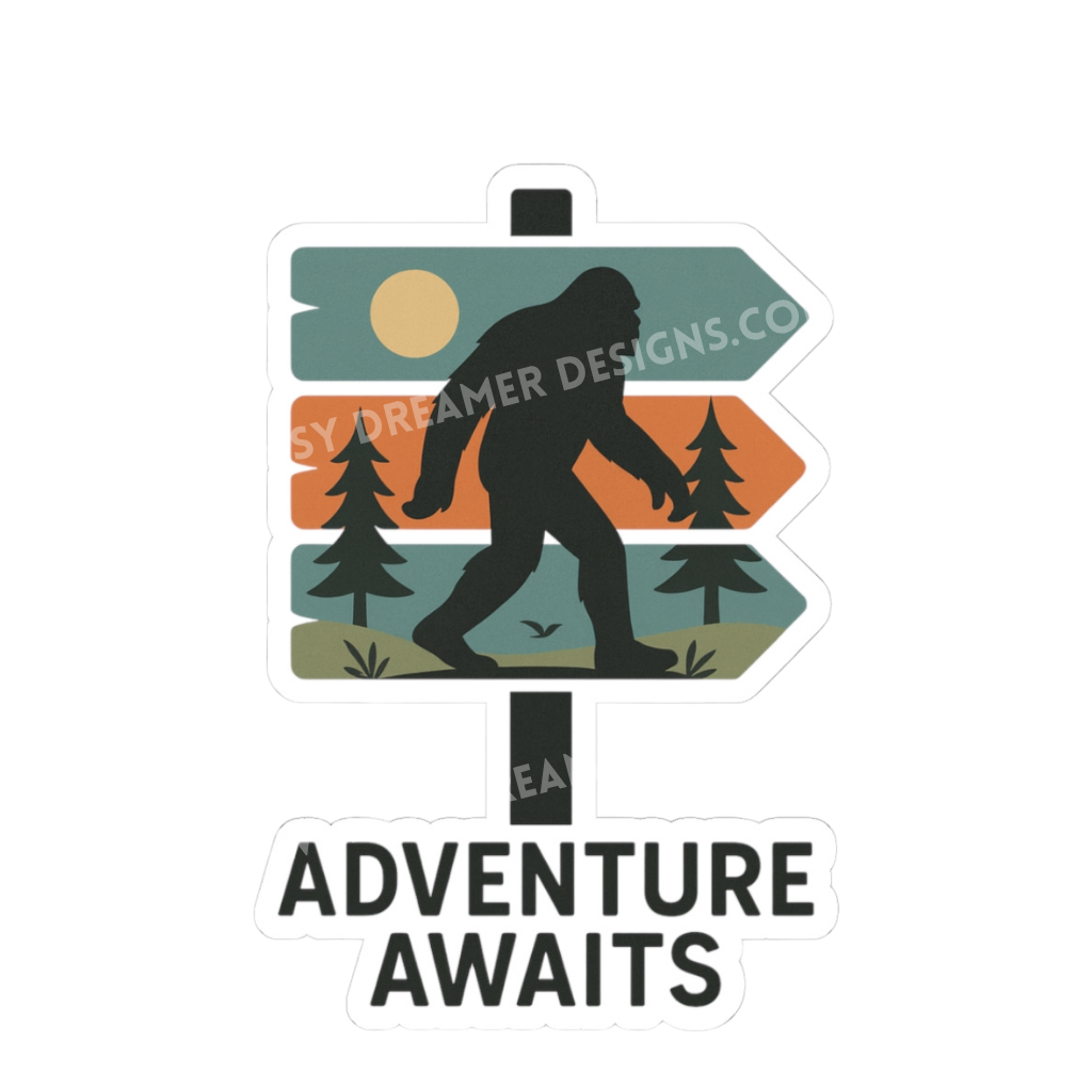 Bigfoot Adventure Awaits sticker with a retro trail sign, forest landscape, and walking Sasquatch silhouette