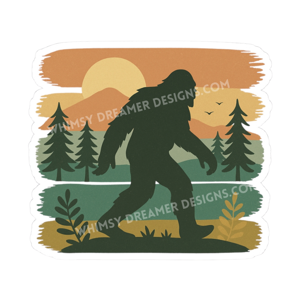 Retro Bigfoot sticker with a Sasquatch silhouette walking through a sunset forest and mountain landscape