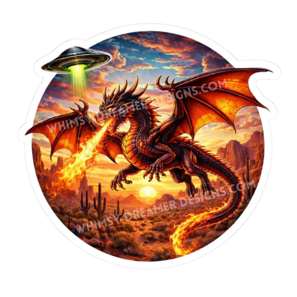Dragon UFO sticker with a fire-breathing dragon flying over a desert sunset while a UFO hovers above