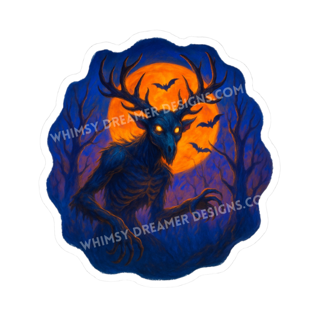 Wendigo Halloween sticker with an antlered cryptid, glowing eyes, bats, and a bright orange moon in a dark forest