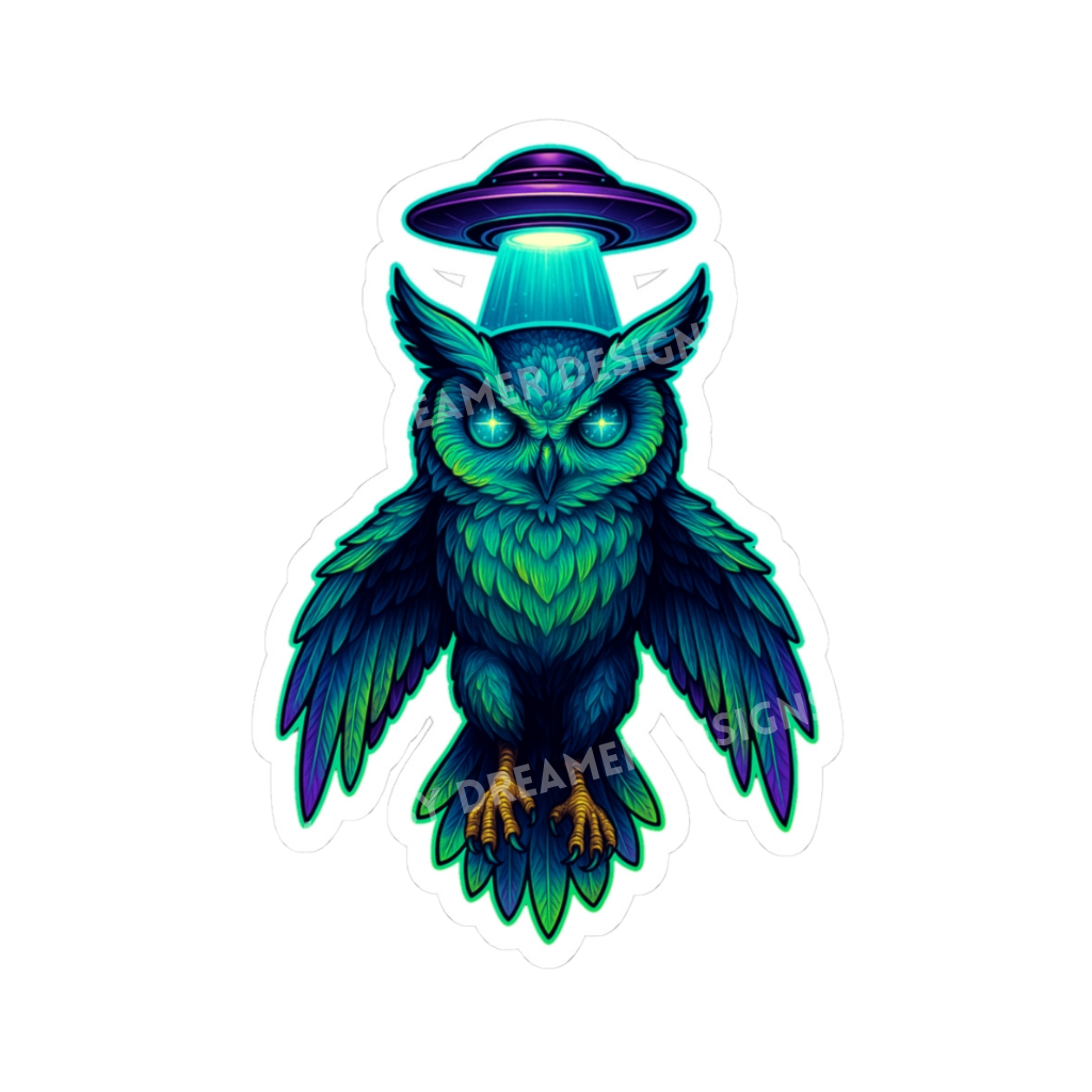 Alien owl sticker with a UFO overhead and a bright beam shining onto a blue green owl