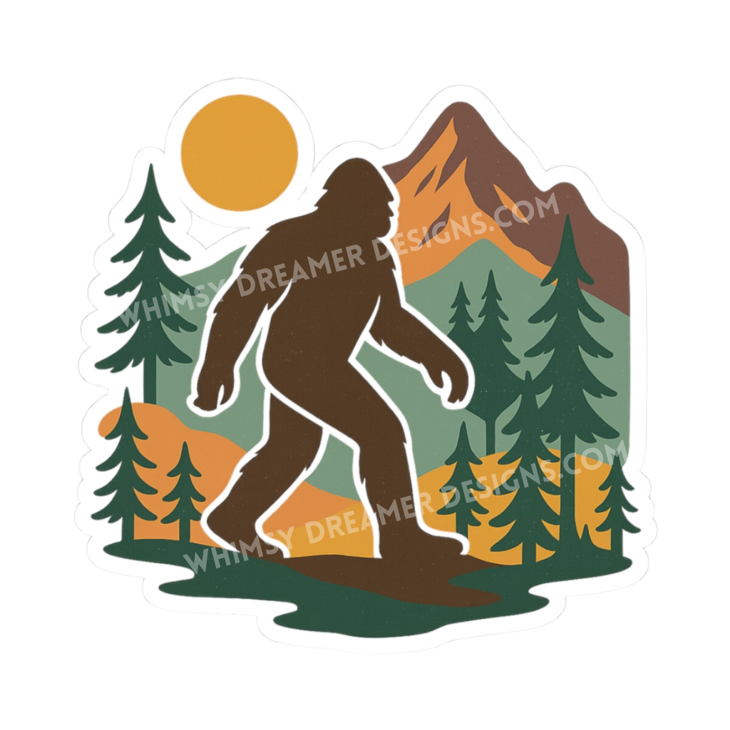 Retro Bigfoot sticker with a Sasquatch silhouette in a mountain forest scene with pine trees and sun