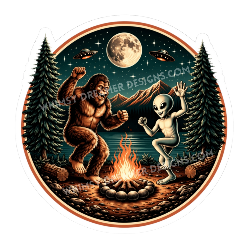 Bigfoot and alien campfire sticker with a moonlit forest, mountains, campfire, and small UFOs overhead