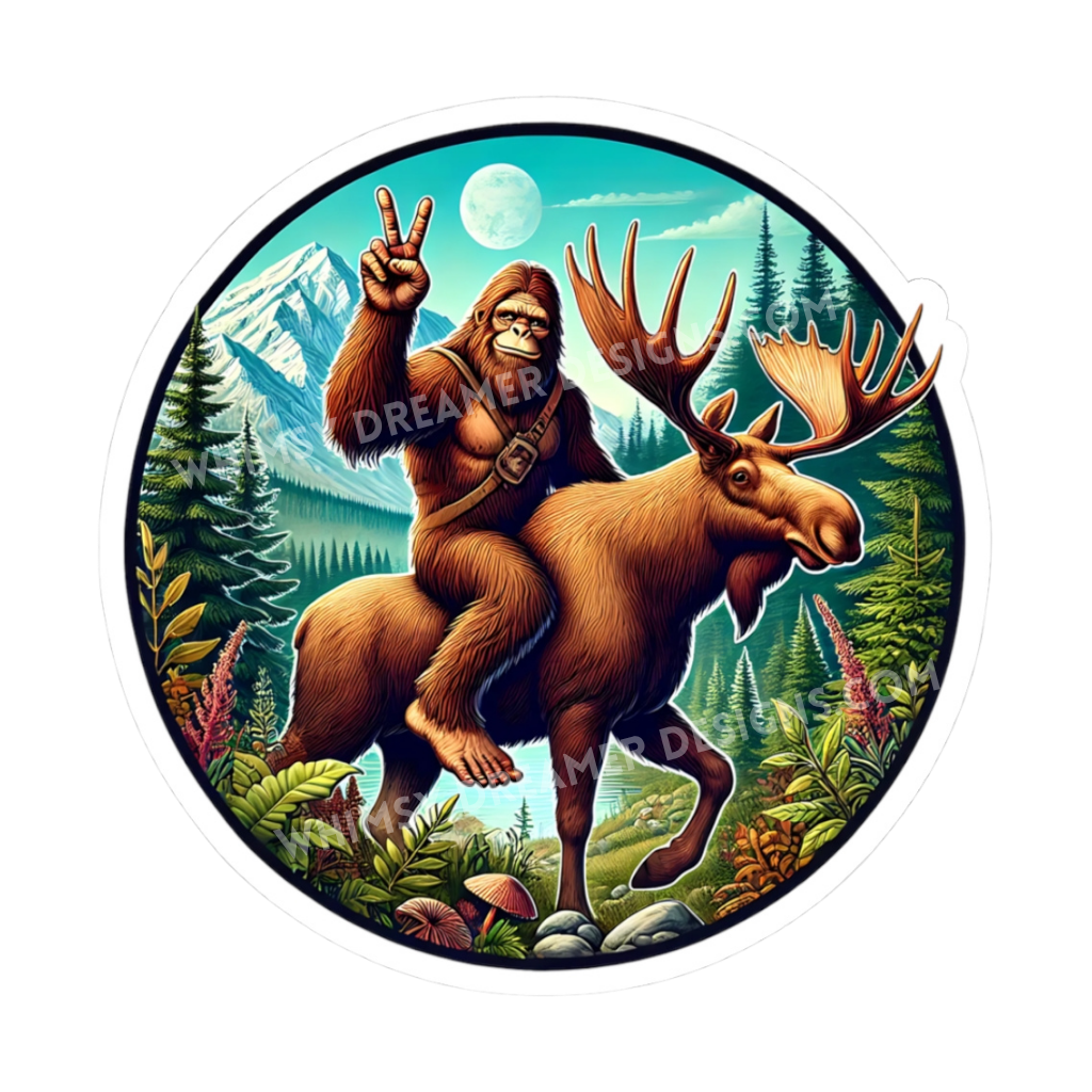 Bigfoot riding a moose sticker with a peace sign, mountain lake, pine trees, and alpine forest background
