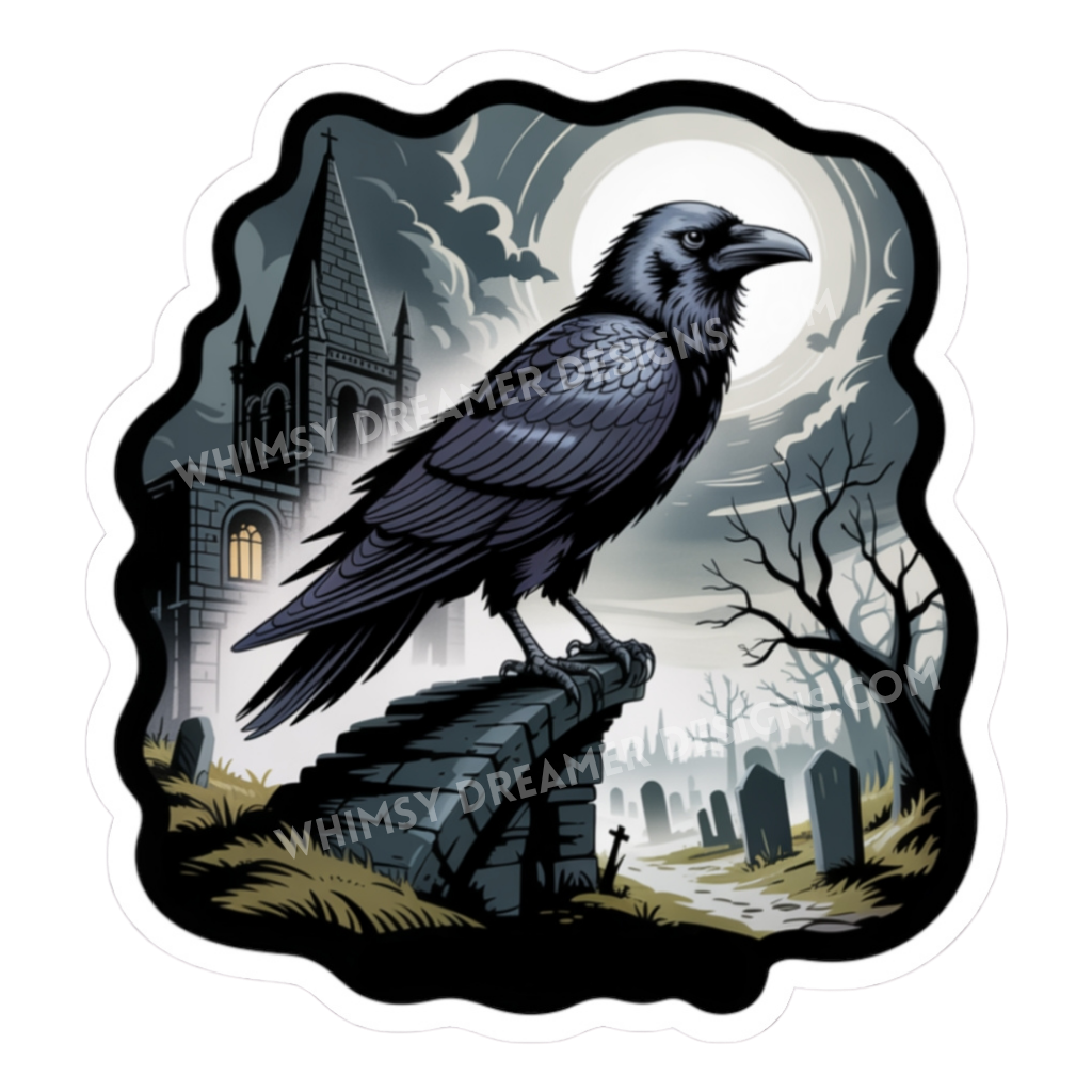 Gothic raven cemetery sticker with a black raven on a stone wall, full moon, graveyard, bare trees, and church tower