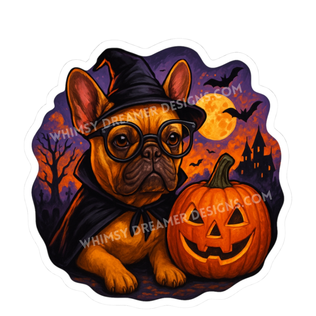 French Bulldog Halloween sticker with a witch hat, glasses, jack o lantern, bats, and a spooky moonlit background