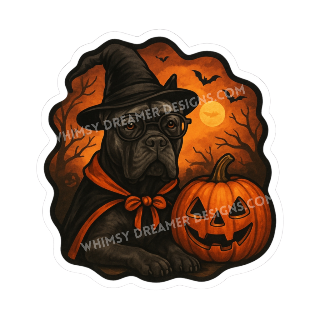 Cane Corso Halloween sticker with a witch hat, glasses, black cape, jack o lantern, bats, and orange moonlit background