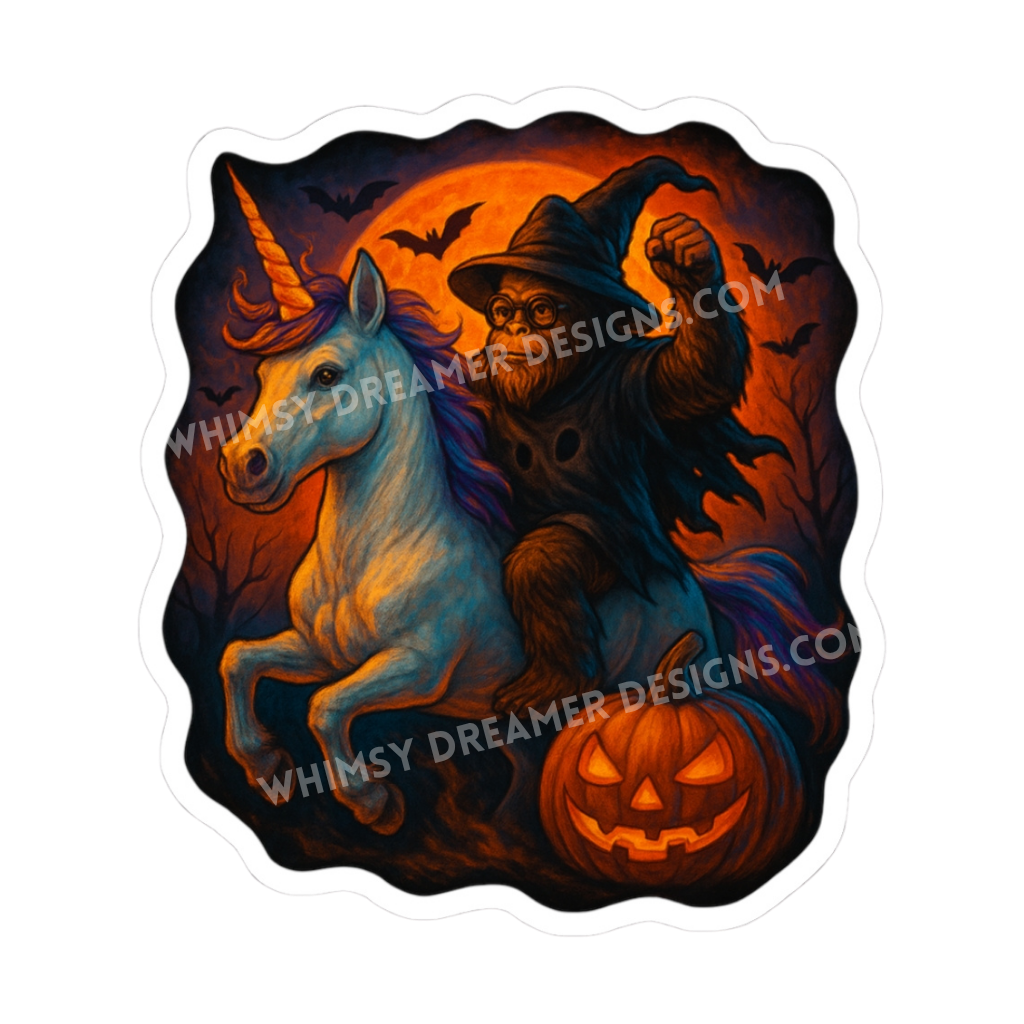 Halloween Bigfoot unicorn sticker with a witch hat Bigfoot riding a unicorn beside a jack o lantern under an orange moon
