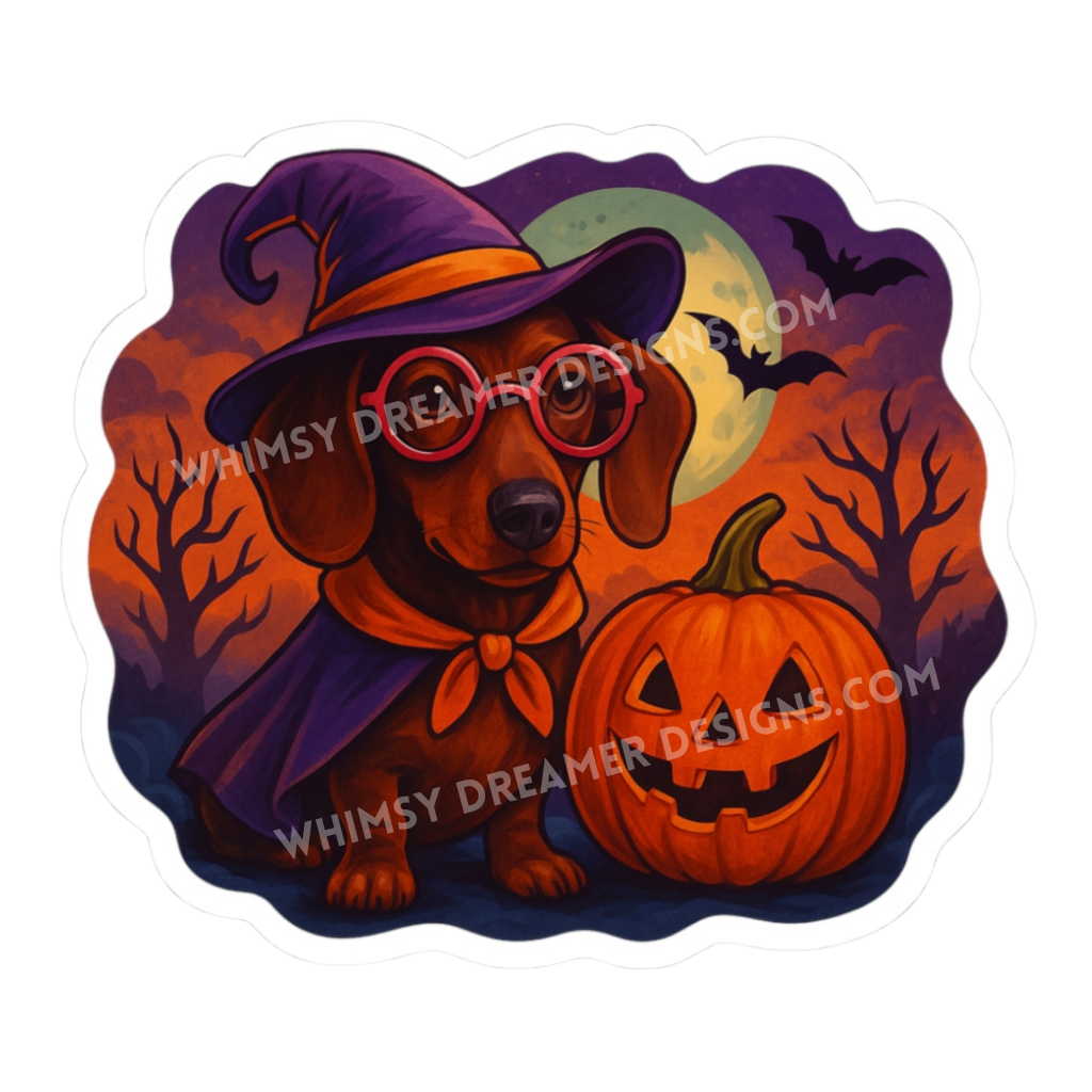 Dachshund Halloween sticker with a witch hat, round glasses, jack o lantern, bats, and orange moonlit background