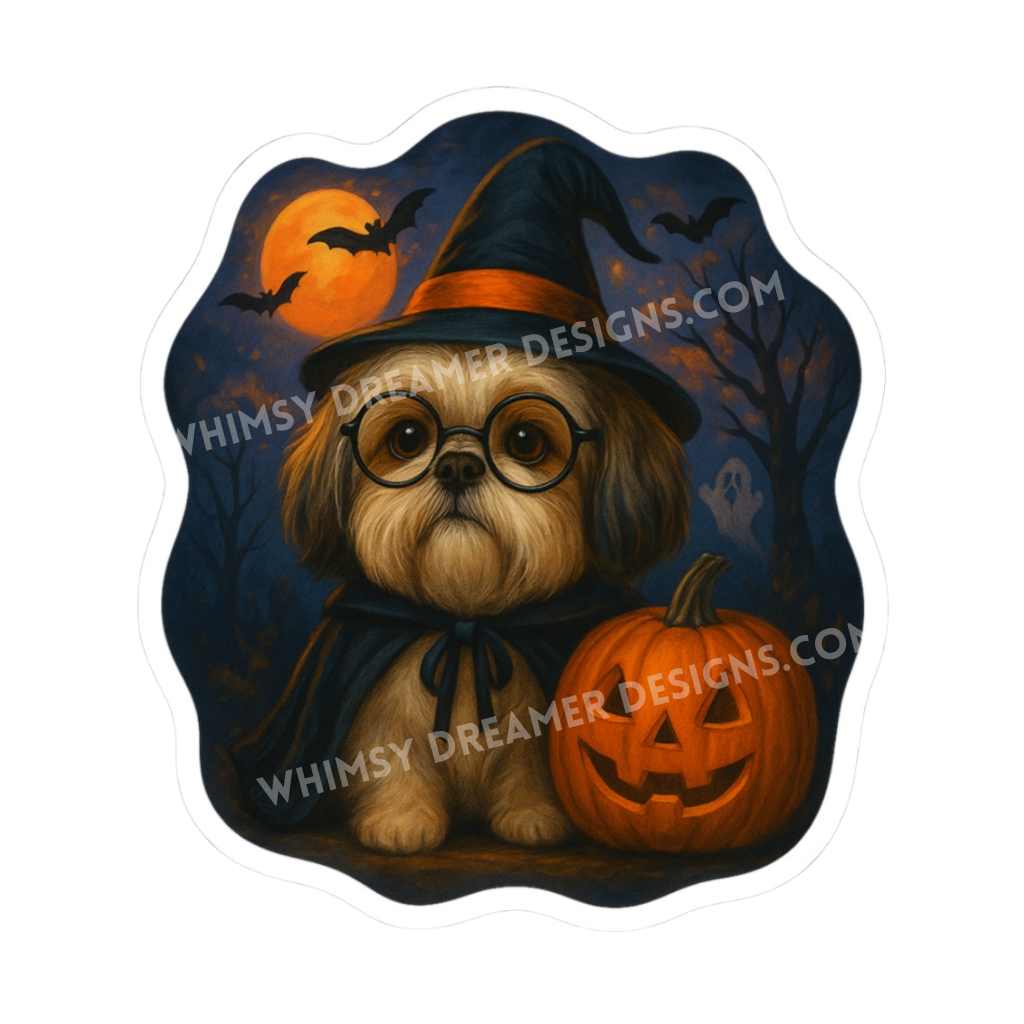 Shih Tzu Halloween sticker with a witch hat, round glasses, pumpkin, bats, and moonlit fall background