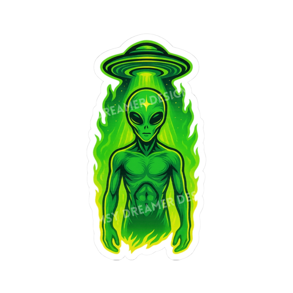 Green alien UFO sticker with a glowing saucer beam and bright neon green sci fi design
