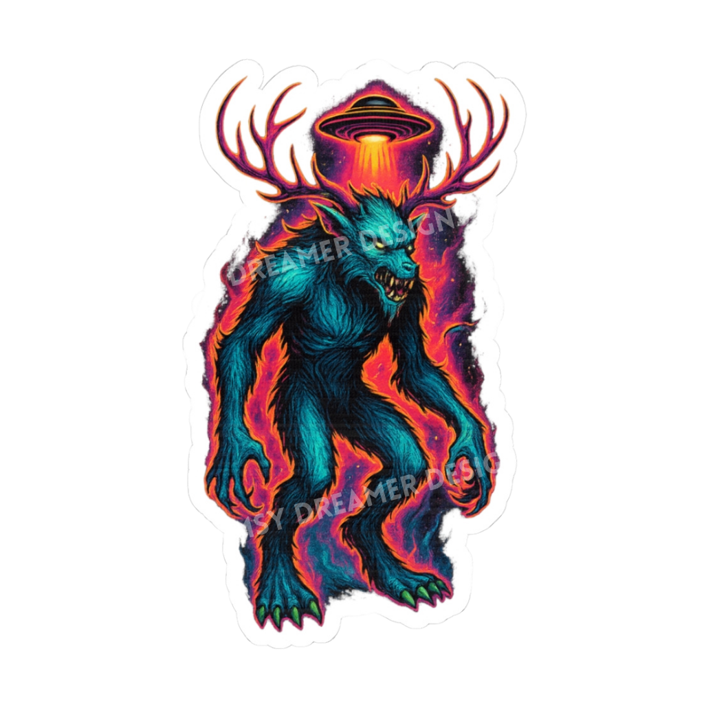 Wendigo UFO sticker with an antlered cryptid under a glowing alien beam in bright neon horror colors