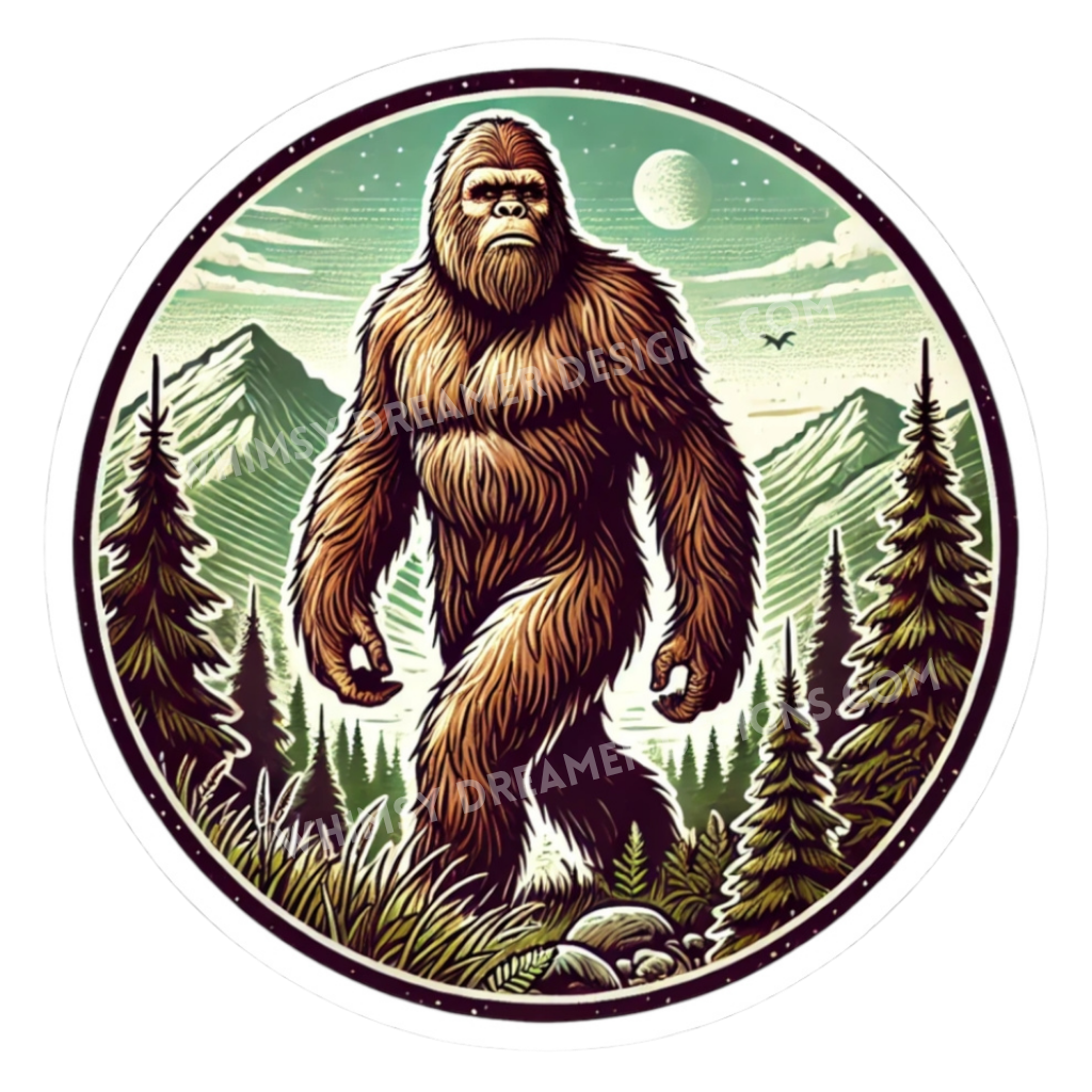 Bigfoot mountain sticker with a Sasquatch walking through a pine forest with mountains in the background