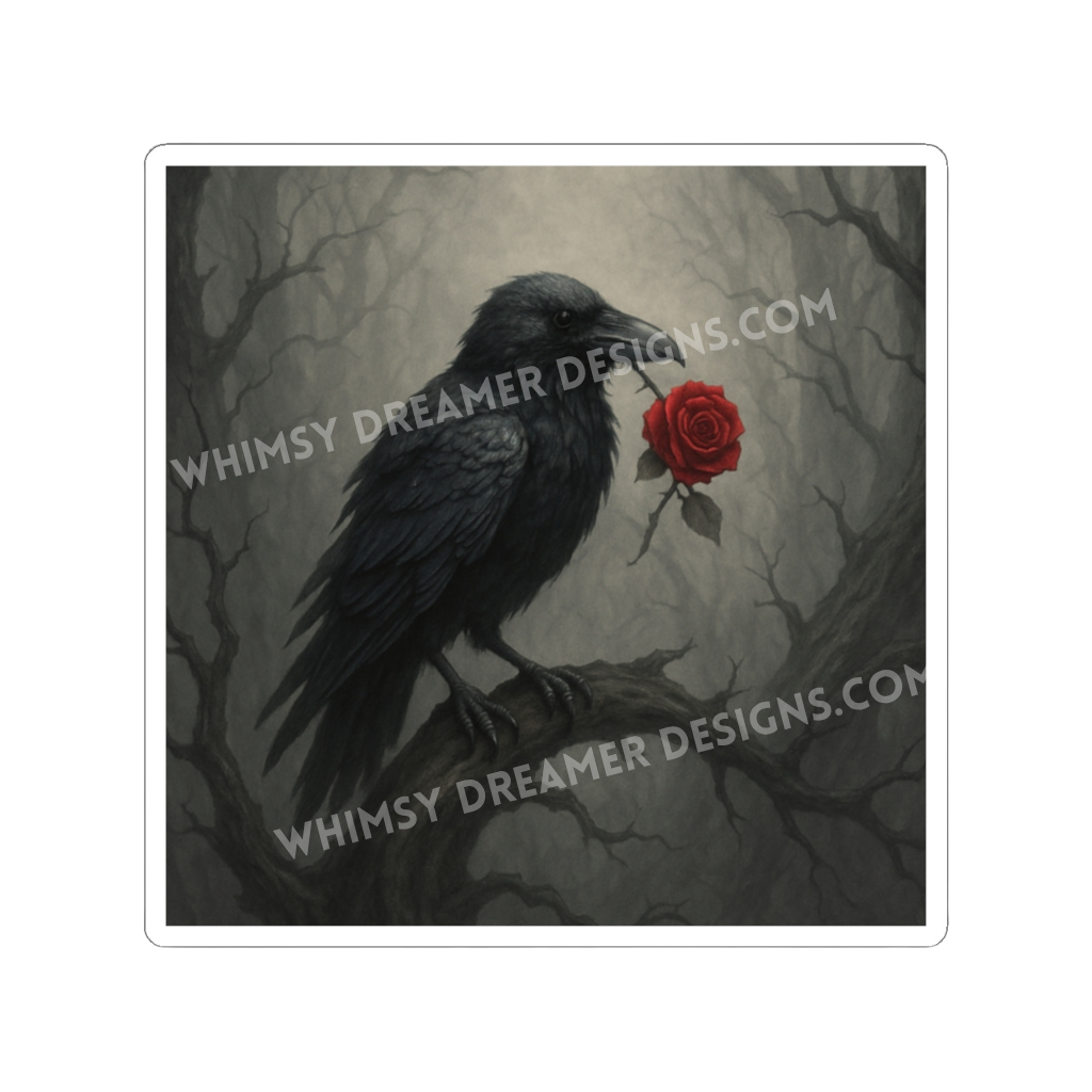 Gothic raven rose sticker with a black raven holding a red rose on a twisted branch in a misty forest