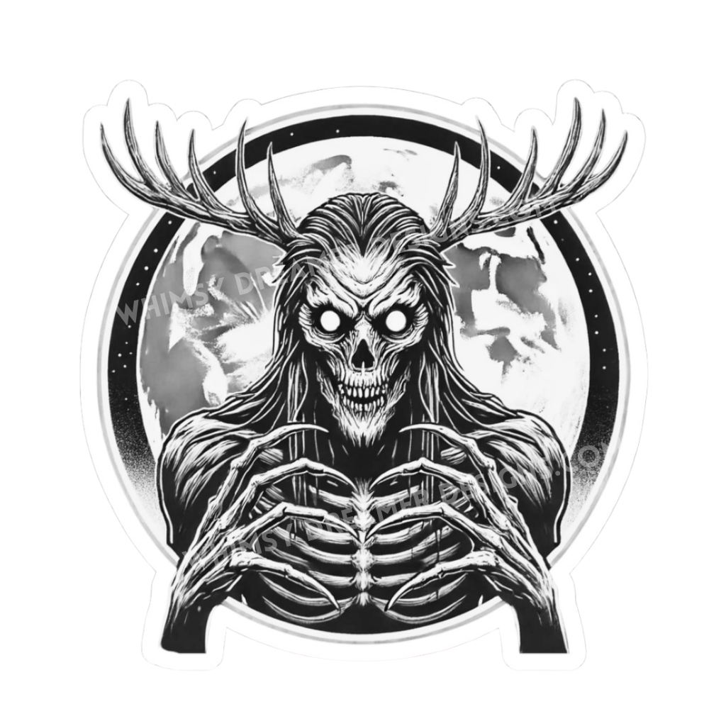 Wendigo skull sticker with antlers, glowing eyes, skeletal hands, and a full moon in black-and-white horror style