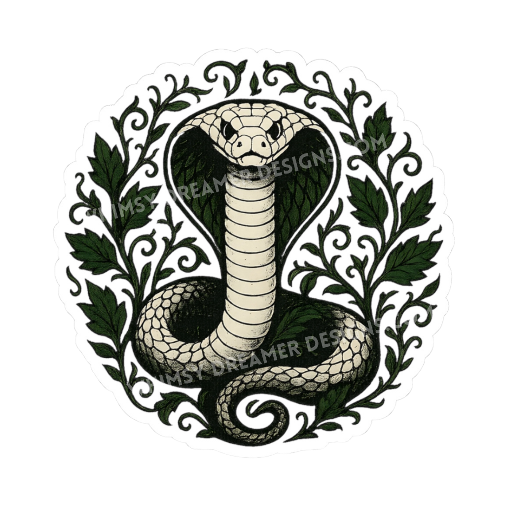 Cobra snake sticker with a raised hood and coiled body framed by dark green botanical vines