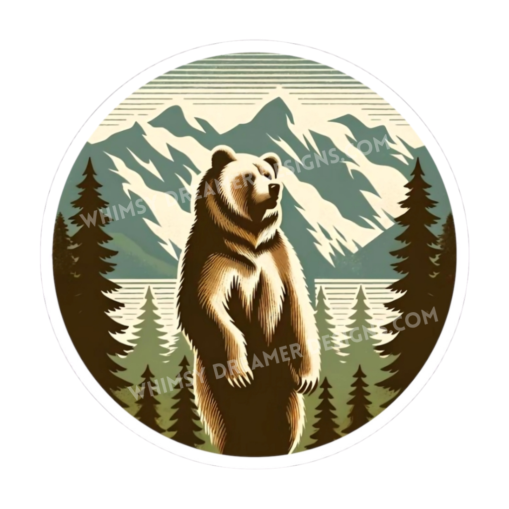 Bear mountain sticker with a standing bear, pine trees, and mountain forest background in a retro outdoor style