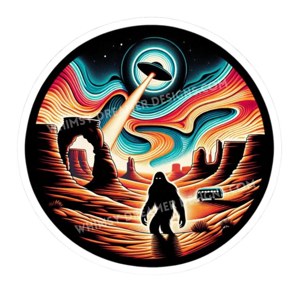 Bigfoot desert UFO sticker with a Sasquatch walking through a colorful canyon scene under a flying saucer beam
